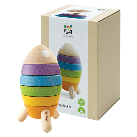 PlanToys® Wooden Stacking Rocket Toy for Toddlers | Montessori Educational STEM Learning Toy | Colorful Wooden Rocket Ship Stacker for Fine Motor Skills, Problem Solving, Preschool Gift