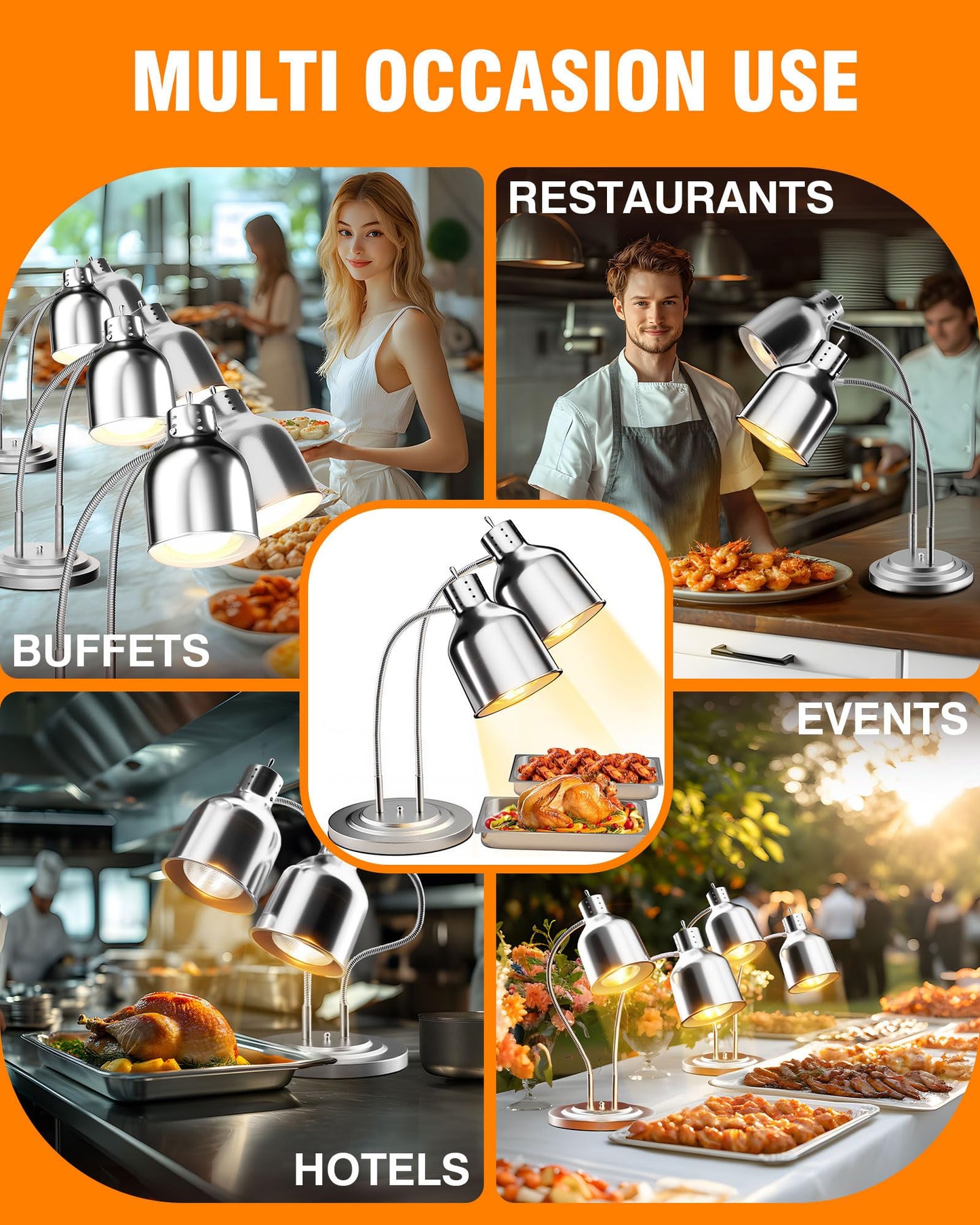 PYY Commercial Food Warmer - 2-Head Electric Heating Lamp 500W Stainless Steel Food Warmer Lamp Catering Food Warming Lamp w/Spare Bulb for Catering Kitchen Food Service Restaurant Cafeteria