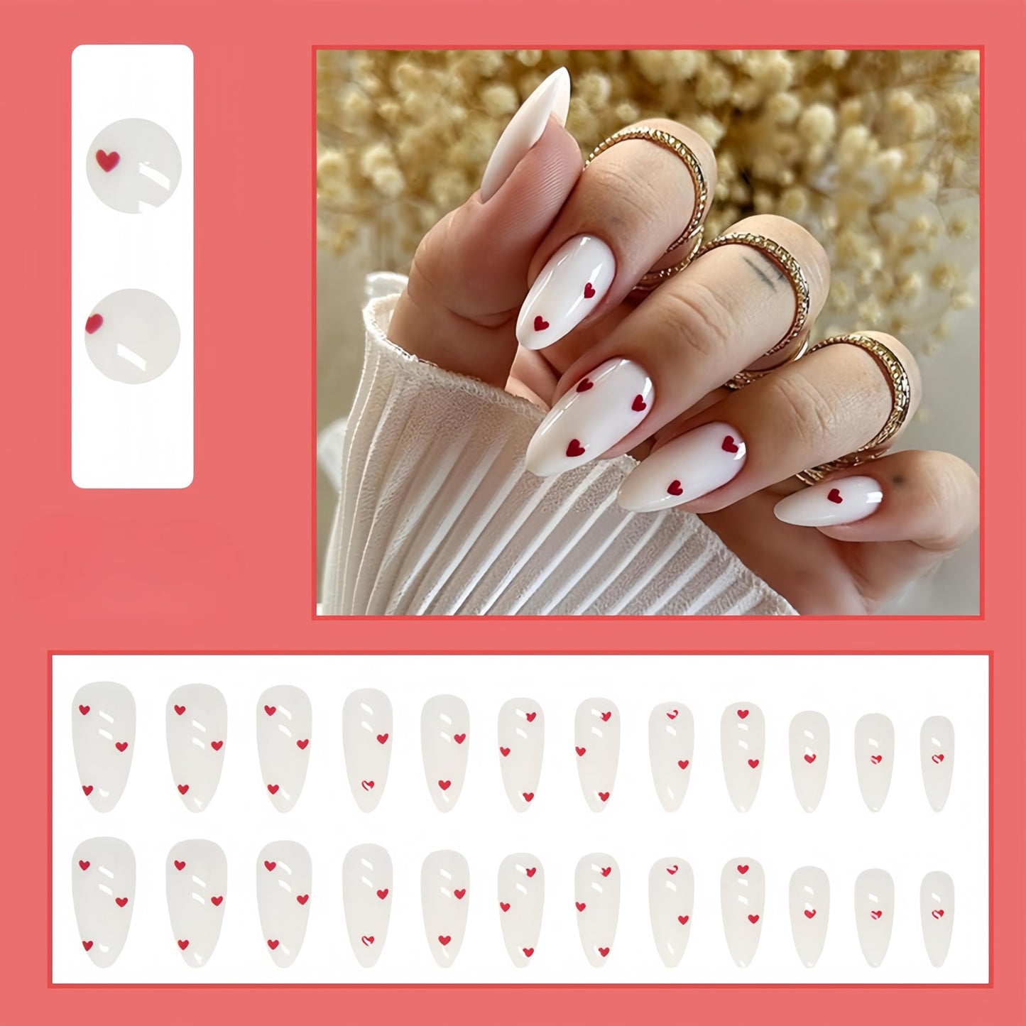 Almond Press on Nails Medium Fake Nails All White Stiletto Acrylic Nails Glossy with Wine Red Heart Designs Artificial Cute Valentines Heart False Nails for Women Girls Valentine’ s Wedding Manicure