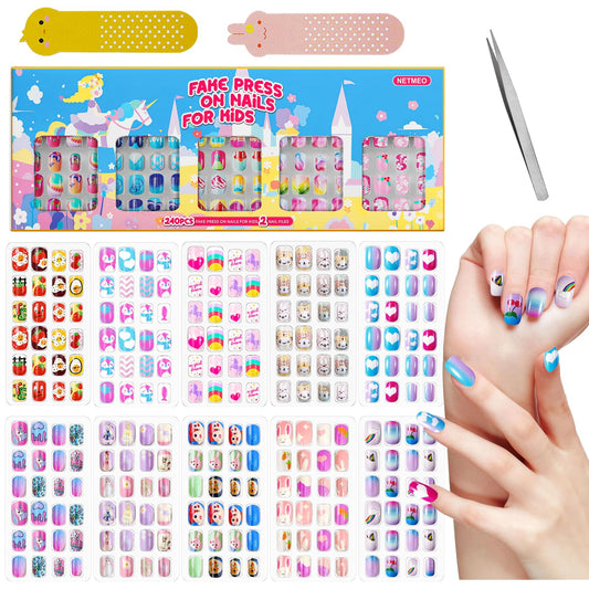 240PCS Kids Press on Nails with Glue Cute Pre glue False Nails for Children Girls Long lasting Quick Stick on Full Cover Acrylic Nail Kit for Girls Kids Gift DIY Nail Art Decor (Candy Unicorn)