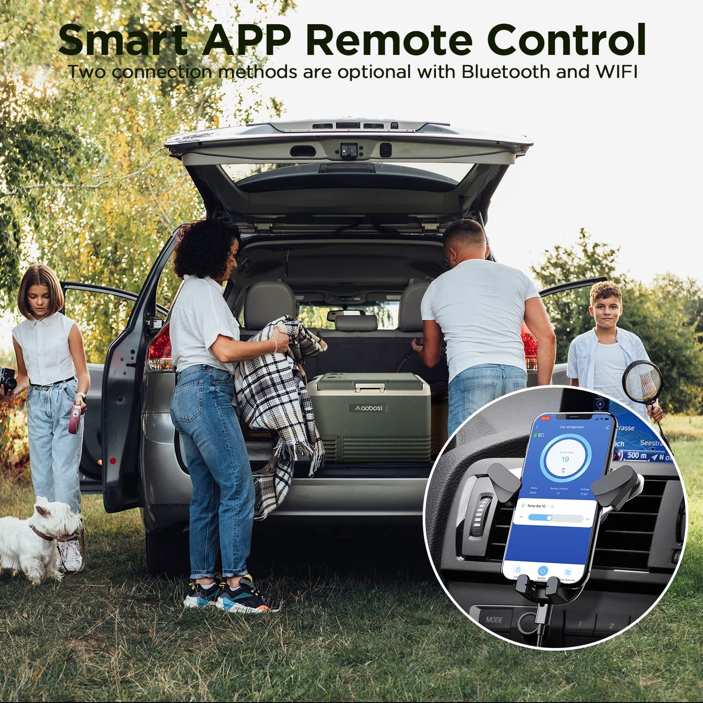 AAOBOSI 12 Volt Car Refrigerator, 42 Quart (40L) Portable Car Fridge, -4℉~68℉ Electric Cooler, RV Car Freezer APP Control,12/24V DC & 110-240V AC Compressor Cooler for Truck, Camping, Travel,