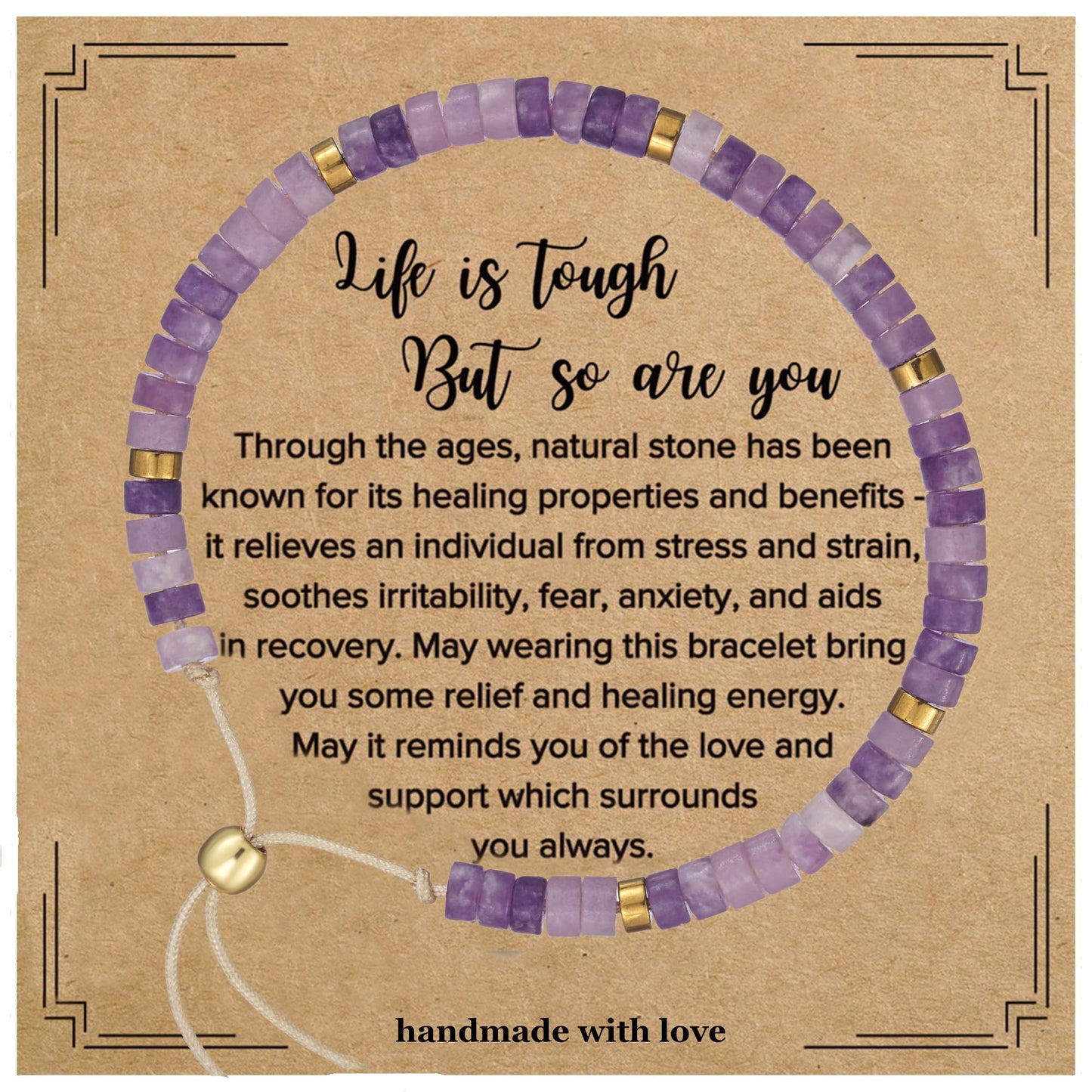 Plumiss Inspirational Gifts Bracelets for Women, Boho Handmade Natural Amethyst Stone Purple Beaded Bracelets, Life is Tough But So are You Bracelet