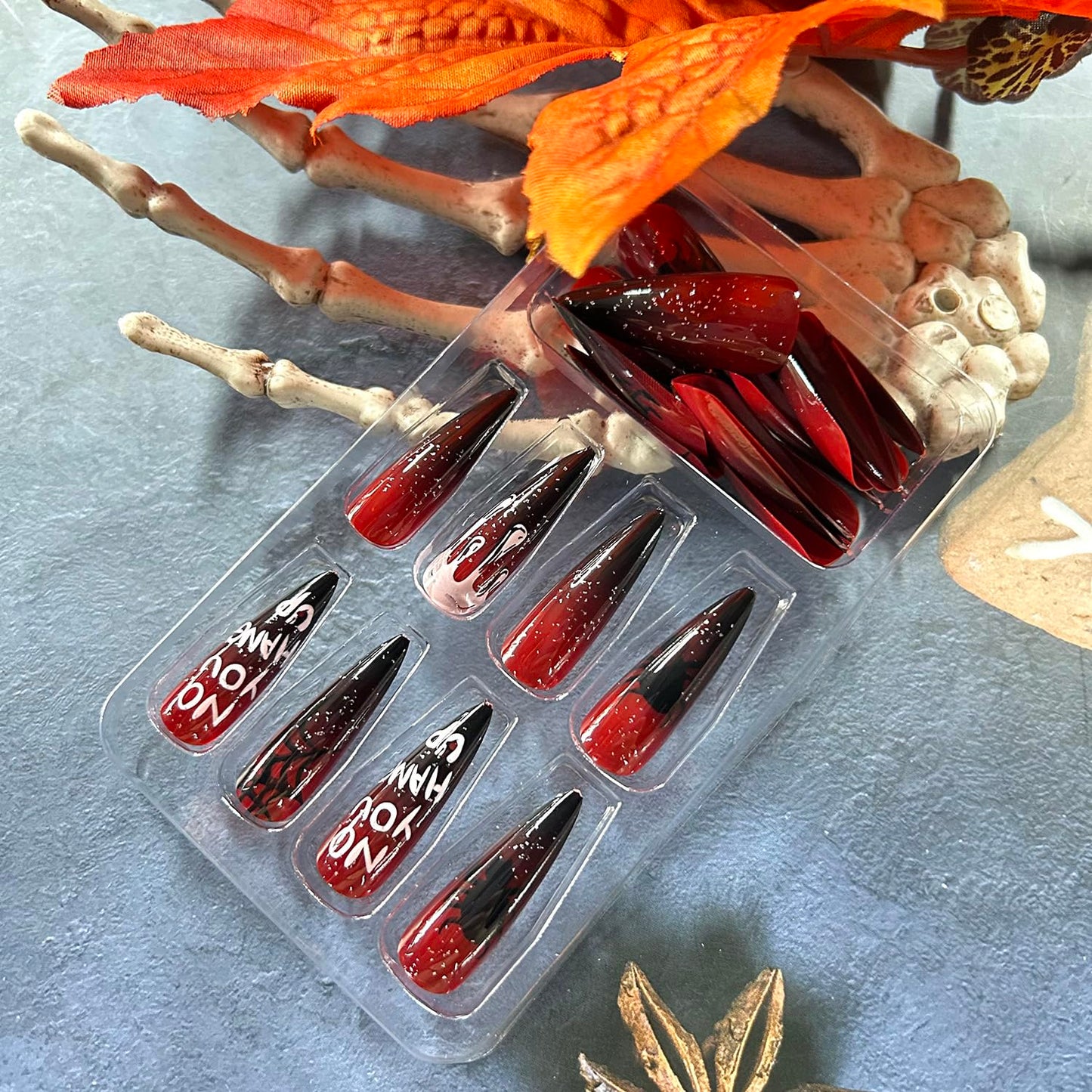 Almond Tip Halloween Press on Nails Long Spider Blood Drop Design Halloween Nail Full Cover Glossy Artificial Acrylic False Nail Wine Red French Tip Long Stick on Nails for Women Festival Decoration