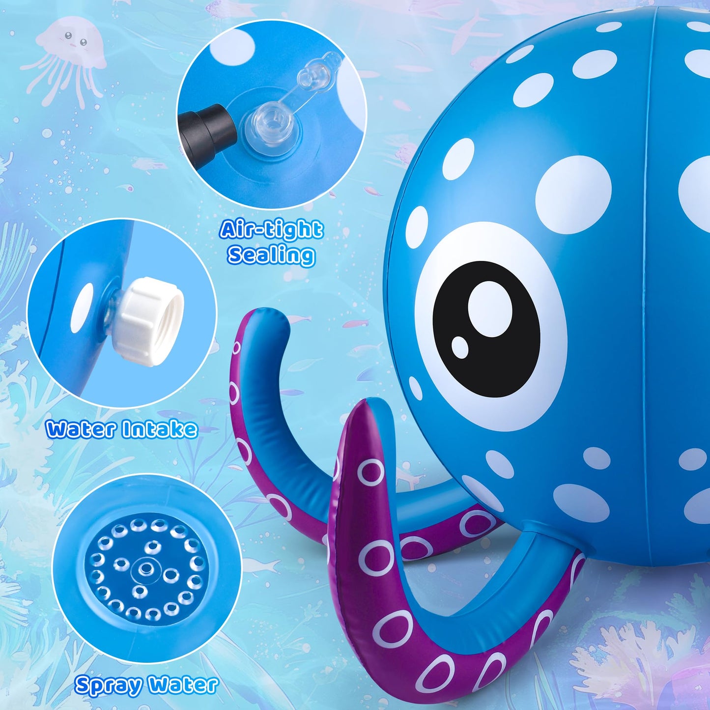 Sprinkler for Kids Inflatable Octopus Water Toys with 6 Rings, Summer Outdoor Toys Backyard Water Spray Sprinkler Fun Pool Toys for 3 4 5 6 Years and Up Boys Girls Gifts