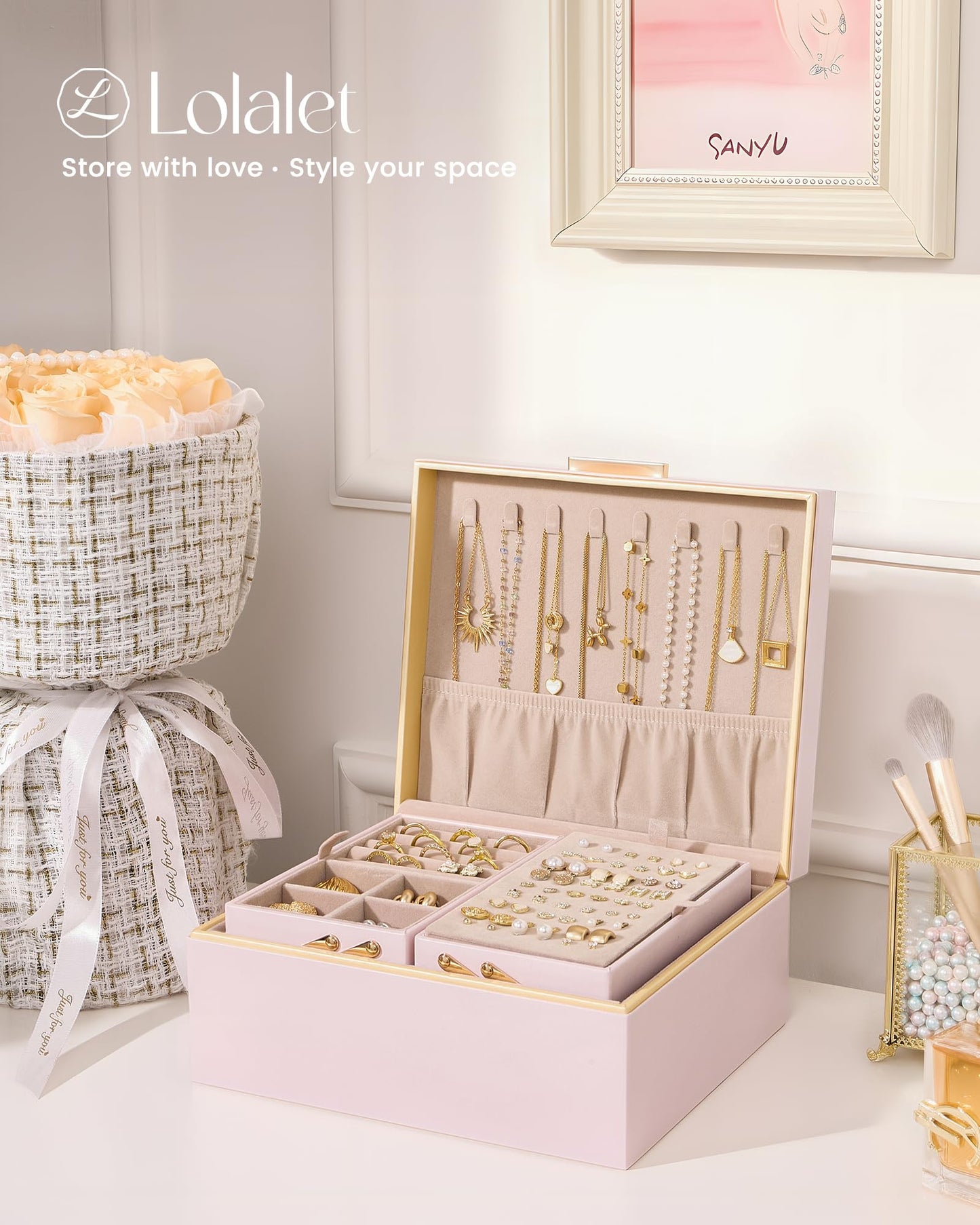 Lolalet Jewelry Box Organizer for Women Girls, 2 Layer Jewelry Organizers and Storage for Necklace Earrings Rings Bracelets, Large Jewellery Holder Case Birthday Valentine Gifts -Pink
