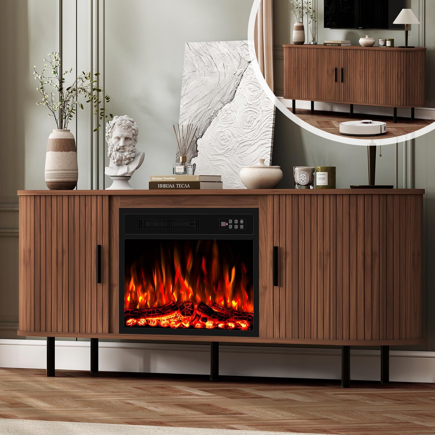 BREEZEHEAT 65'' Mid Century Modern Fluted TV Stand with 23" Fireplace, Curved Fireplace Entertainment Center for TVs Up to 75 Inches, Walnut Media Console Cabinet for Living Room