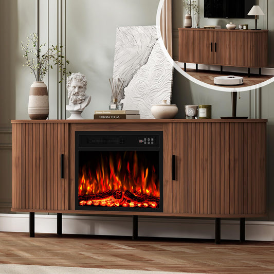BREEZEHEAT 65'' Mid Century Modern Fluted TV Stand with 23" Fireplace, Curved Fireplace Entertainment Center for TVs Up to 75 Inches, Walnut Media Console Cabinet for Living Room