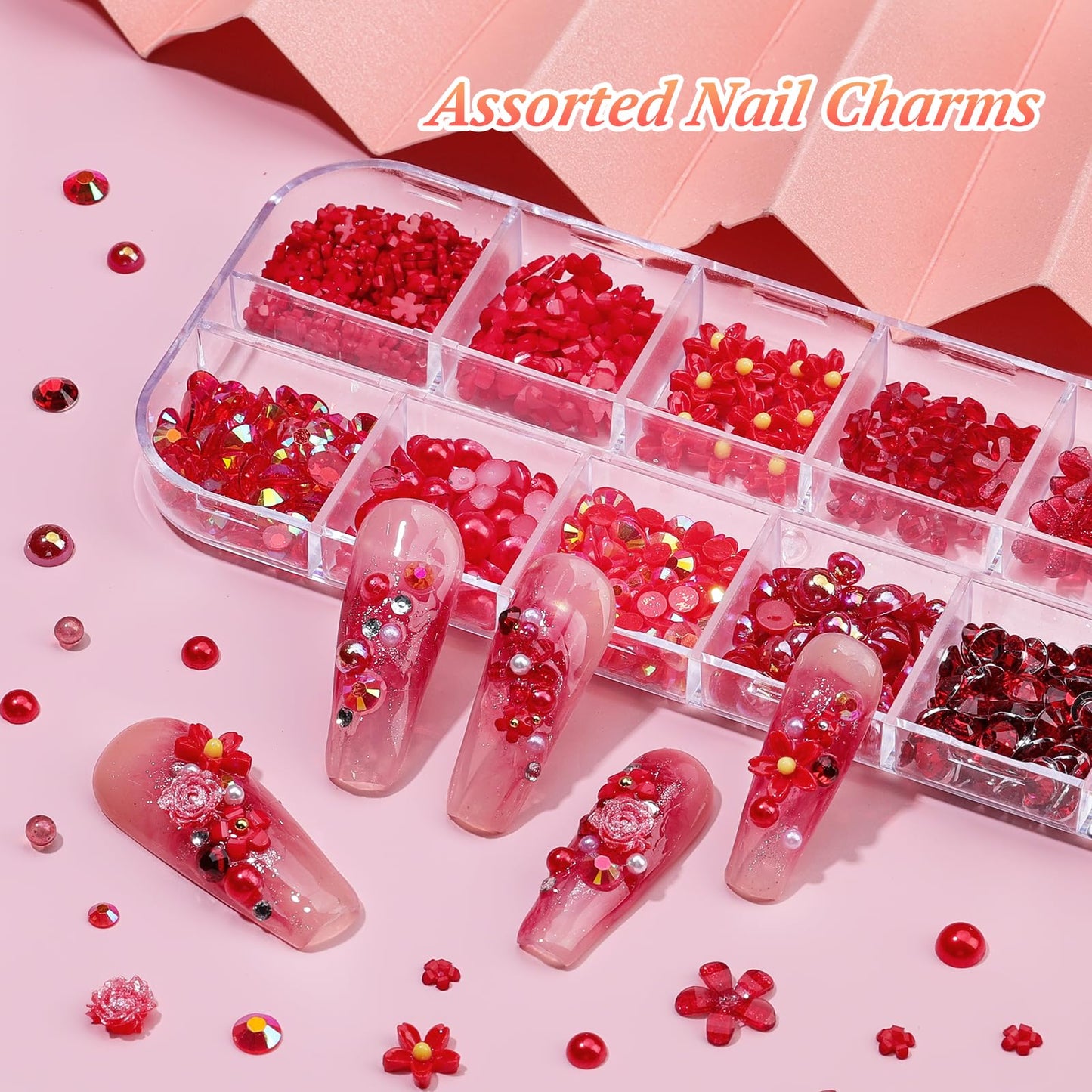 5 Boxes Nail Charms and Gems, 24Pcs Y2k Alloy Nail Art Rhinestone Charms 3D Bow Flower Crown Heart Star with Tweezers and Pick up Tools for Women Nail Design DIY Crafts Face Makeup Gems Jewels(Red)
