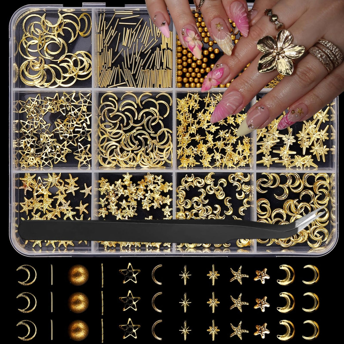 Gold Nail Charms 3D Alloy Beads Nail Gems Shiny Ocean Beach Starfish Star Moon Nail Jewels Multi-Shapes Metal Golden Lines Nail Art Supplies with Tweezer for Women DIY Acrylic Nail 12 Grids 1 Box