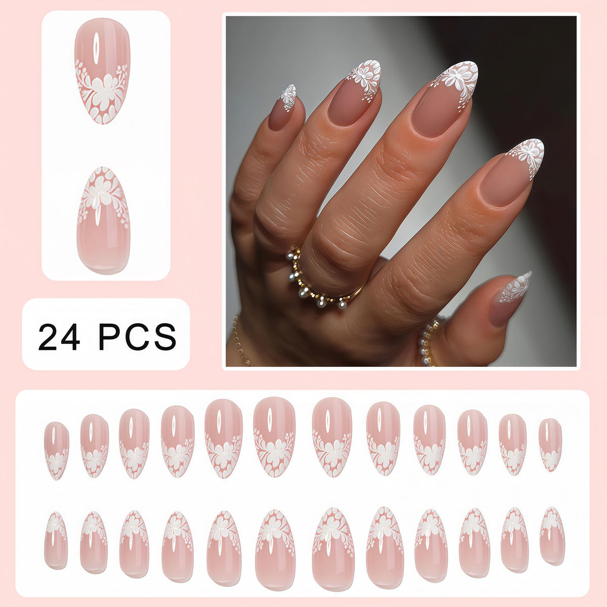 3D Floral French Press on Nails Medium Almond Fake Nails White Lace Floral French False Nails with 3D Daisy Flower Design Glossy Spring Stick on Nails for Women Girls Manicure Decoration 24 pcs