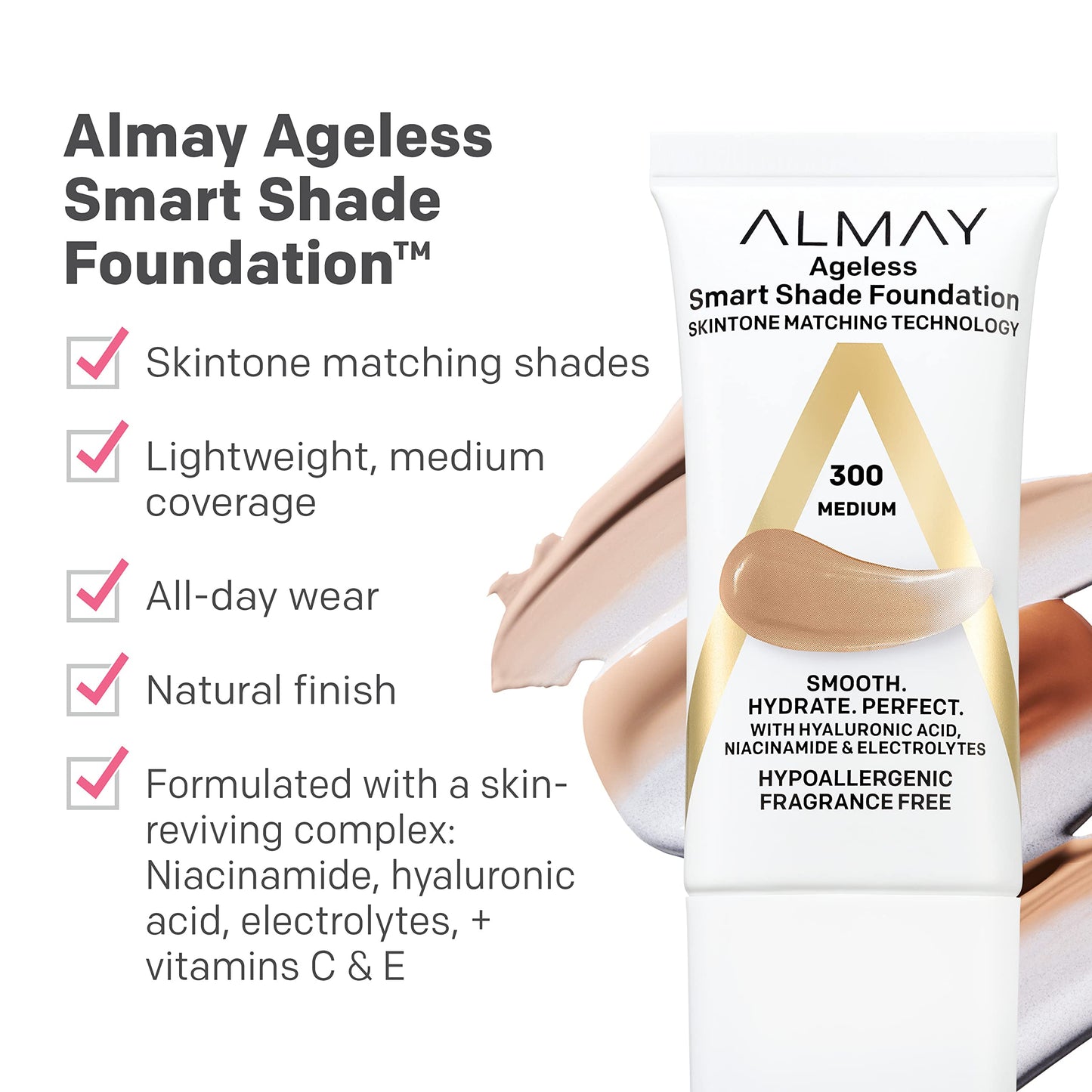 Almay Anti-Aging Foundation, Smart Shade Face Makeup with Hyaluronic Acid, Niacinamide, Vitamin C & E, Hypoallergenic-Fragrance Free, 500 Golden, 1 Fl Oz (Pack of 2)