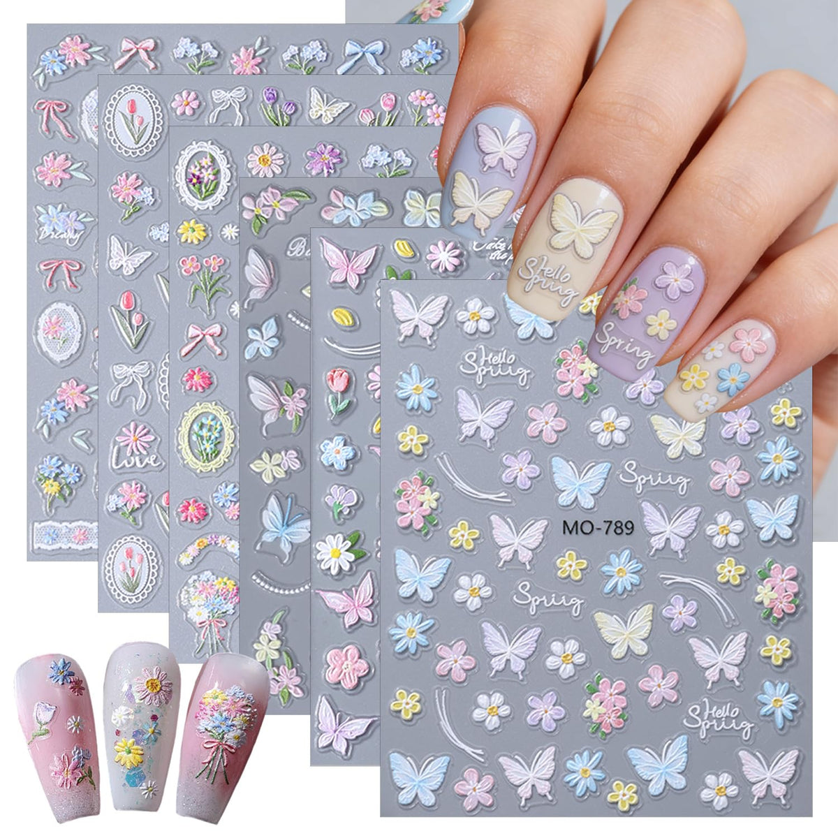 6 Sheets 5D Embossed Spring Flower Nail Art Stickers Colorful Gradient Butterfly Floral Nail Decals French Style Design Flowers Nail Stickers for Women Spring Summer DIY Manicure Supplies