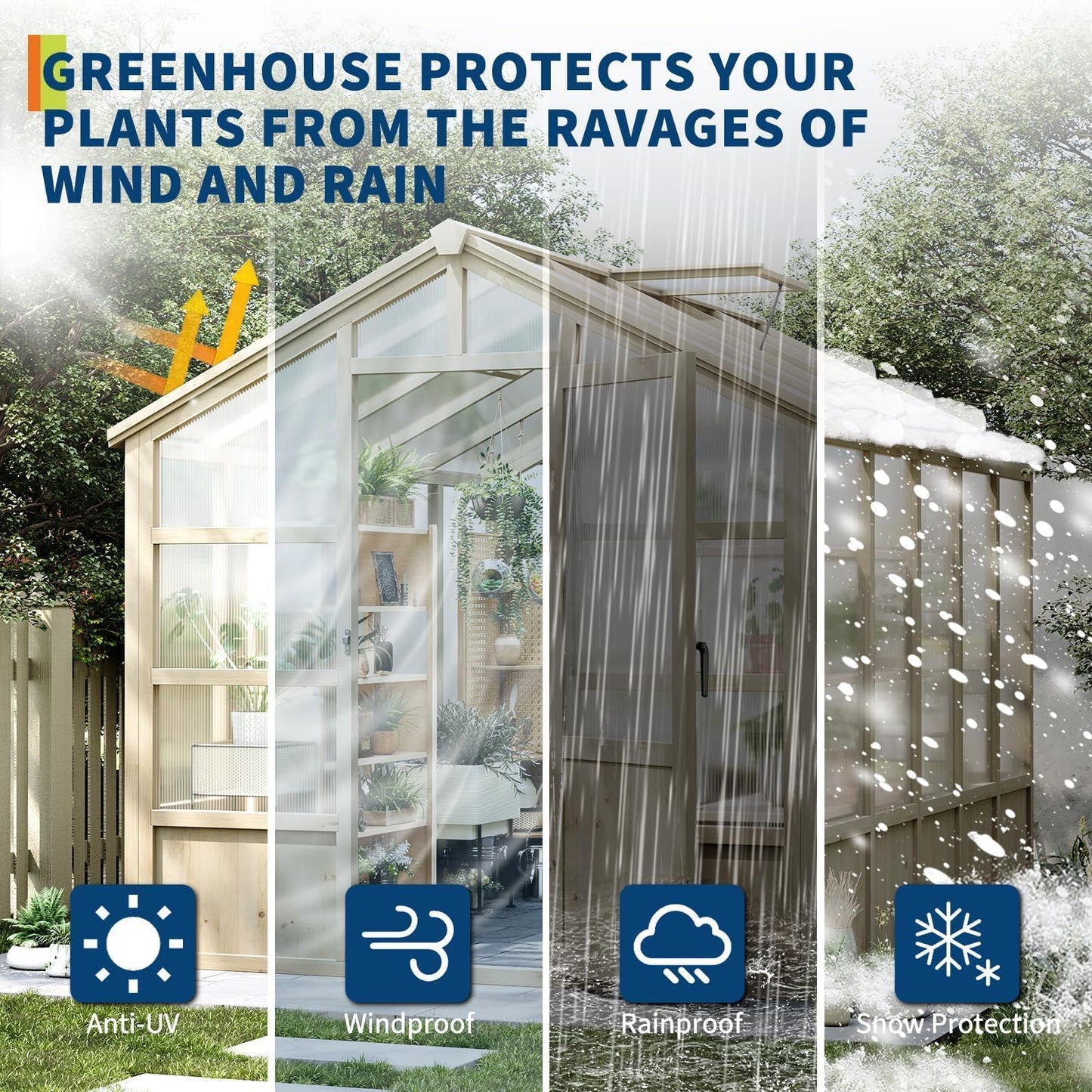 Wooden Greenhouse 8x10 FT, Heavy Duty Greenhouses with Lockable Door and Polycarbonate Panel for Outdoors, Wood Frame & Adjustable Vent, Large Walk-in Greenhouse for Gardens Yards Outside, Light Brown