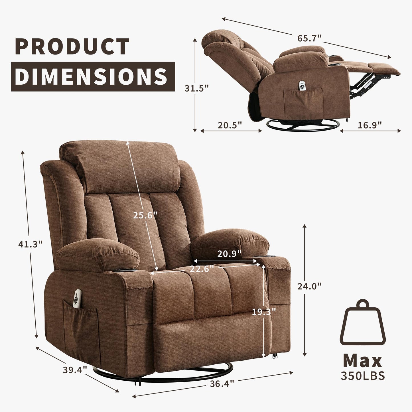 PeacefulHues 360° Swivel Rocker Recliner Chair with Heat and Massage, 3 Positions, USB Ports, Side Pockets, Cup Holders, for Living Room, Bedroom, Brown