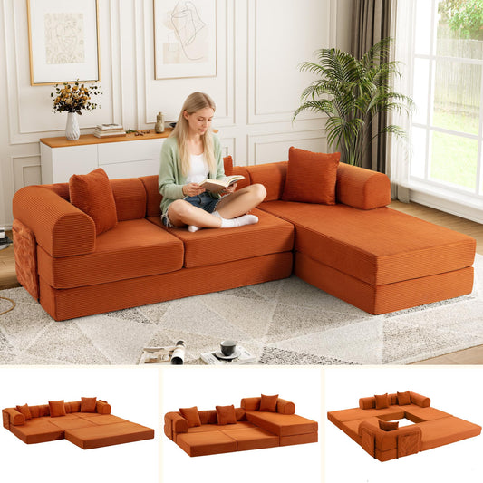 Topcomfy 106.3" L Shape Convertible Sleeper Sofa Bed, Oversized Modular Sectional Cloud Sofa with Fixed-Shape Frame & Storage Pocket, Boneless Couch for Living Room, No Assembly Required, Orange