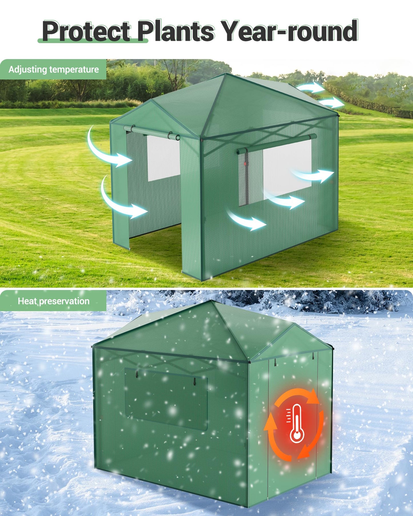 8x6 FT Walk in Green Houses for Winter, Popup Greenhouse Kit,Steel Frame Hot Houses, Roll-Up Zipper Door for Flowers, Vegetables, Saplings, Tropical Plants, Green
