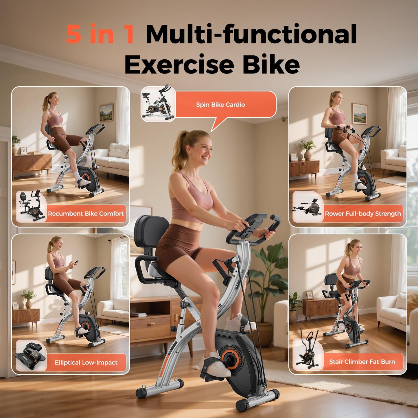 YOSUDA Exercise Bike, 5 in 1 Folding Exercise Bike for Seniors 330lbs Capacity, Magnetic X-Bike with 16-Level Resistance, Back Support Cushion for Home Gym Workout