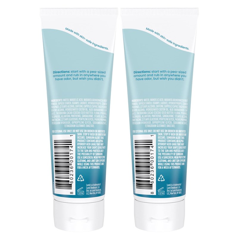 Lume Whole Body Deodorant - Invisible Cream Tube - 72 Hour Odor Control - Aluminum Free, Baking Soda Free, Skin Safe - 3.0 ounce (Pack of 2) (Unscented)