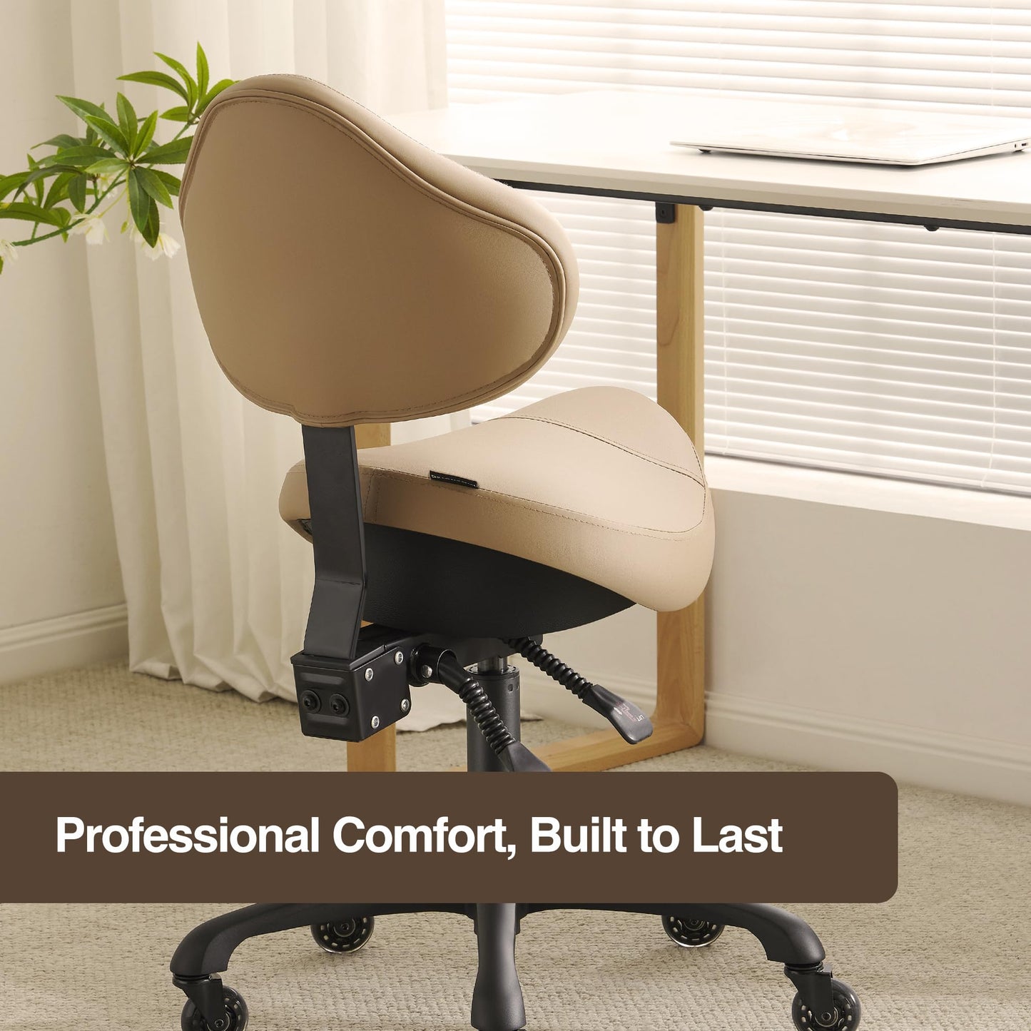 DR.LOMILOMI Pneumatic Swivel Rolling Saddle Chair with Wheels and Ergonomic Back Support for Hair Stylist, Dental Hygienist, Hygienic Clinic, Spa, Massage, Home, Office - 510 KOA (Tan, Standard)