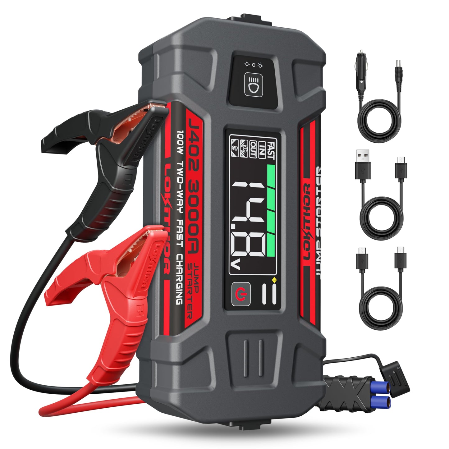 LOKITHOR J402 Jump Starter 3000A 12V 24000Amh Portable Lithium Car Battery Booster Pack for Upto 9.0L Gas and 7.0L Diesel Engines, Jump Box and Jumper Cables, 100W Fast Charging, Smart Digital Screen