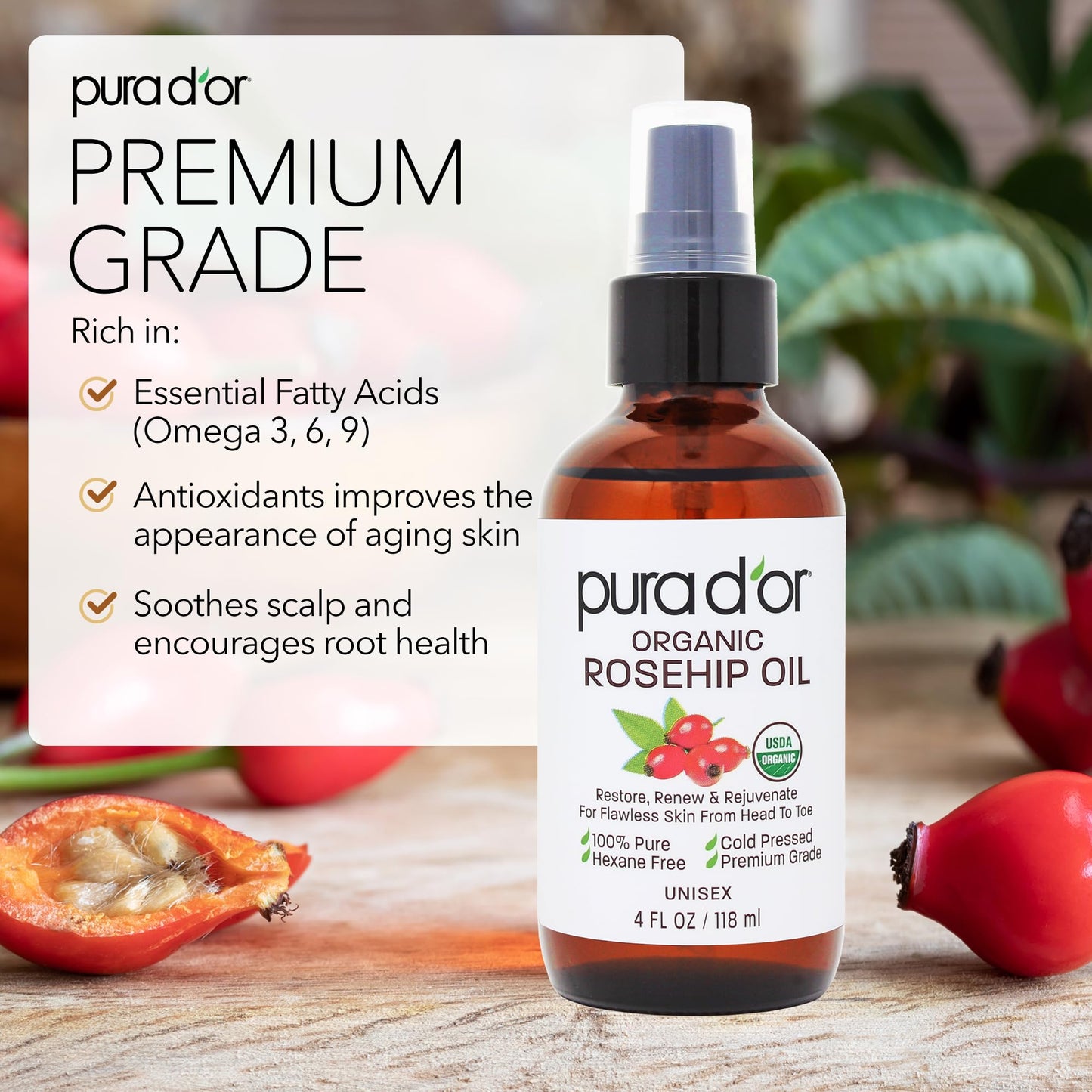 PURA D'OR 4 Oz ORGANIC Rosehip Seed Oil - 100% Pure Cold Pressed USDA Certified Anti-Aging Treatment - Vitamin A & C Rich - Helps Fade Appearance of Scars & Stretch Marks - For Face, Hair & Body