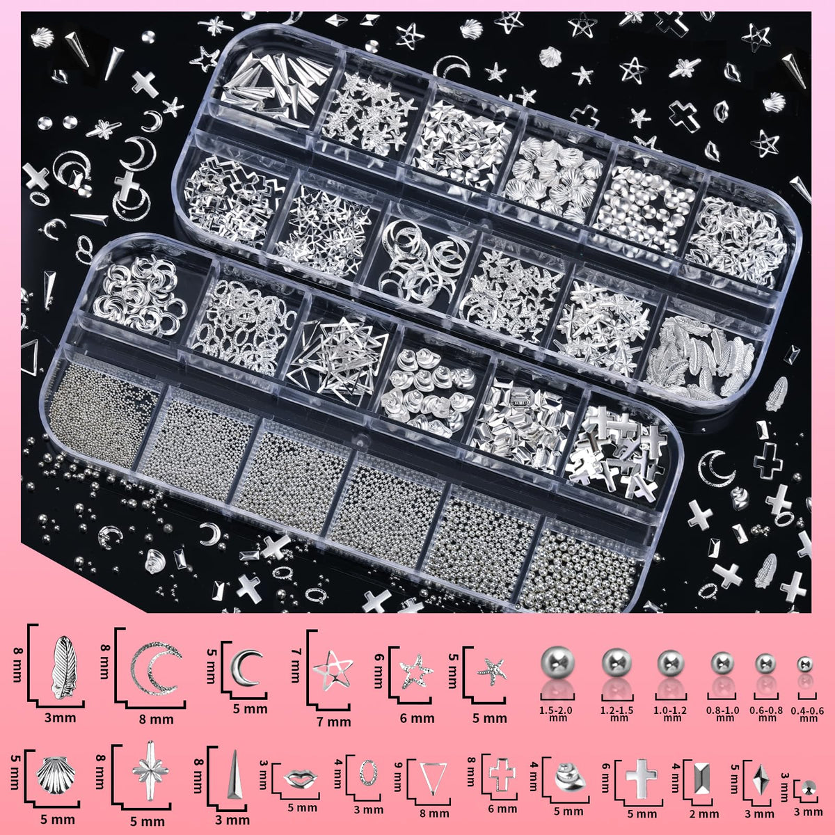 Teenitor Silver Nail Charms and Gems Kit, 4 Boxes Nail Gems Silver Rhinestones for Nails, 3D Y2K Accessories Nail Decor, Cross Charms for Nails Design Star, Caviar Beads for Nails Art