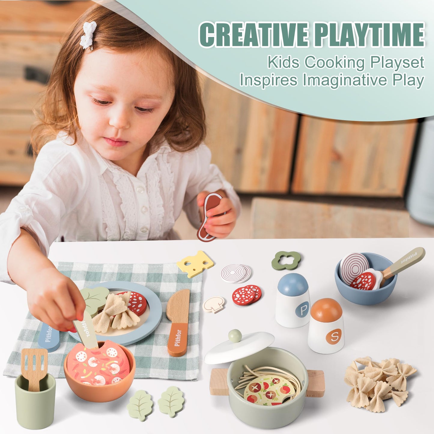 Pithfor Wooden Play Cooking Set, Pretend Play Kitchen Accessories Toys Set for Kids Toddlers, Including Play Dishes, Pot and Pan, Utensils, Gifts for 3 4 5 Years Old Girls Boys