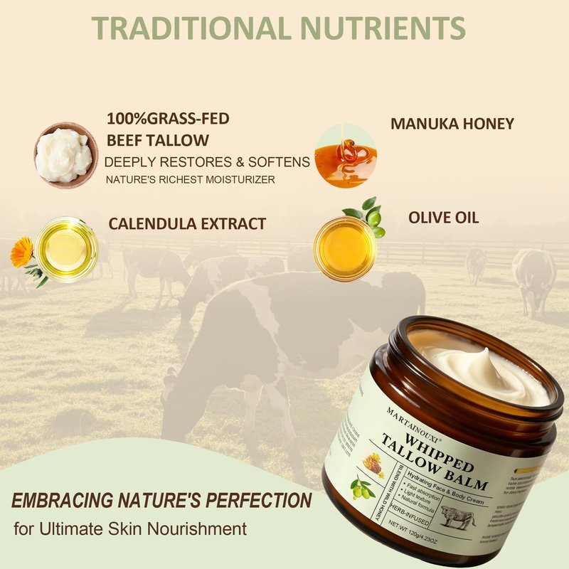 Beef Tallow Face Moisturizer - Tallow and Honey Balm with Orange Blossom, Intensely Hydrating for Dry Skin, Natural Whipped Cream for Face & Body, in Glass Jar, 4.23 oz (120g)