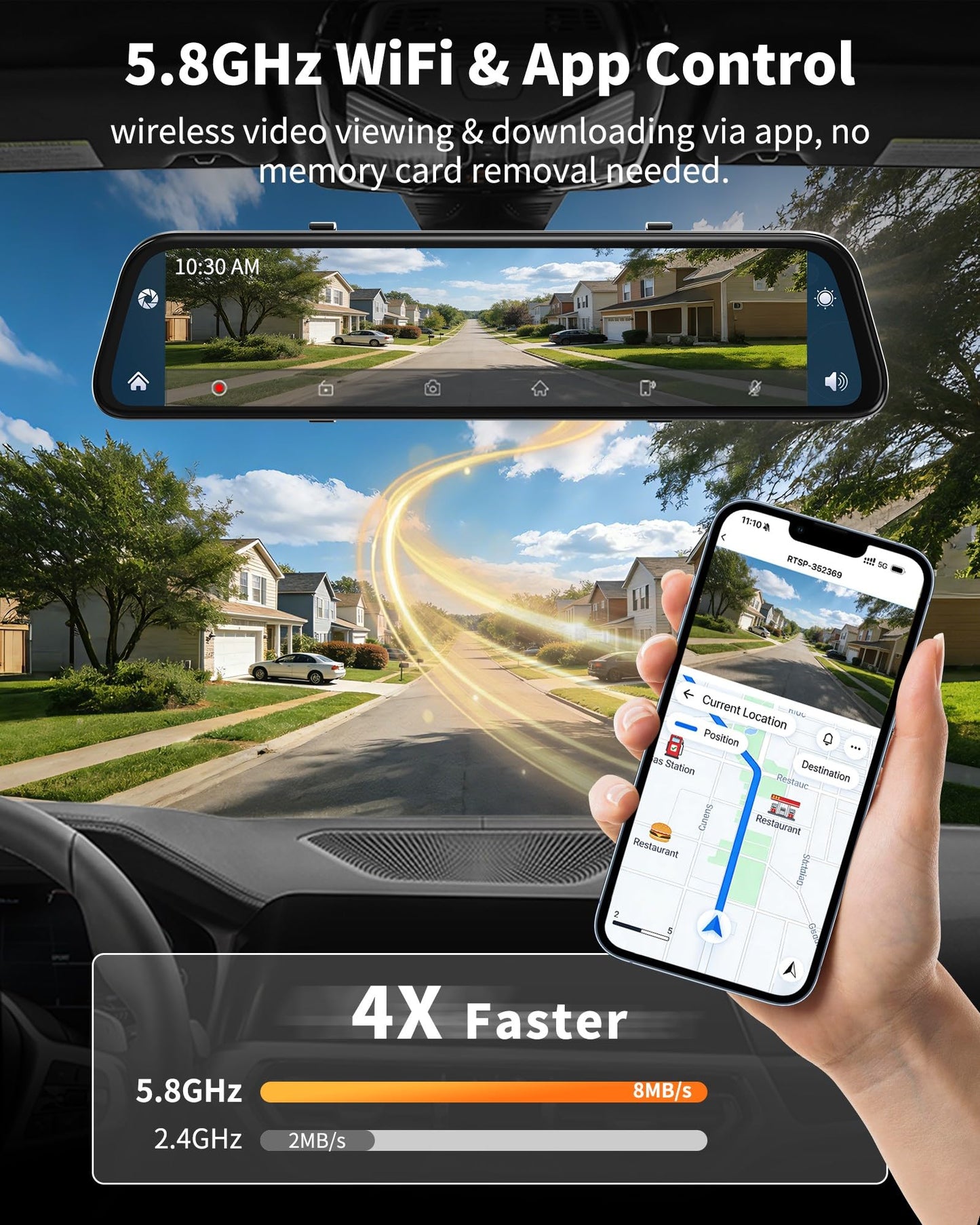 2026 Ultrawide 13’’ 4K Rear View Mirror Camera with Carplay&Android Auto, 5.8GHz WiFi Smart Rearview Mirror with Voice Control/Split Screen, 64GB Card Included,Reverse Assist//Loop Record/G-Sensor