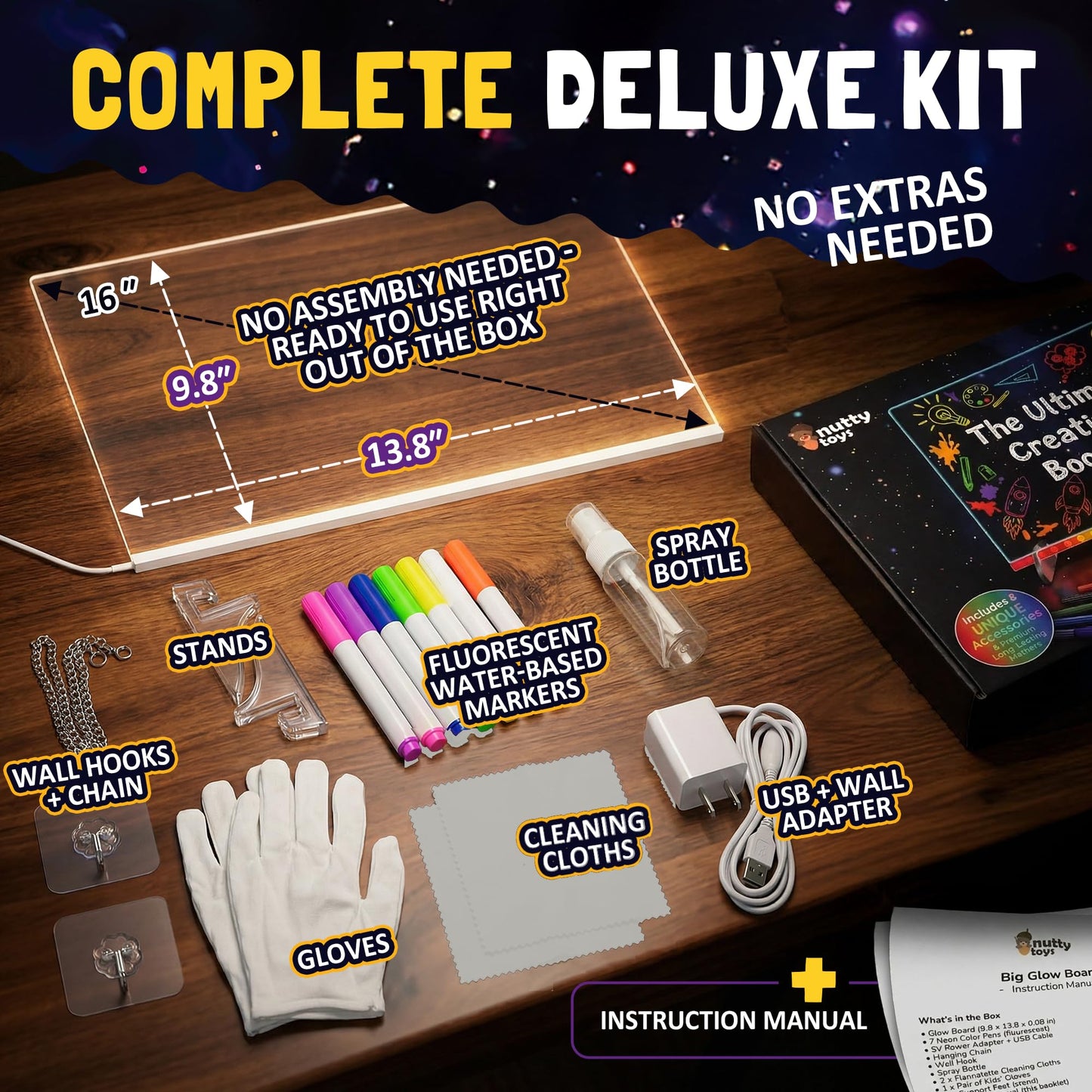 Nutty Toys Magic LED Drawing Board - 10 Light Up Modes - XL 16" Dry Erase Glow Note Doodle Pad - Pens, Adapter & Accessories incl., Top Birthday & Easter Gifts 2026 for Kids, Girls, Boys & Teens