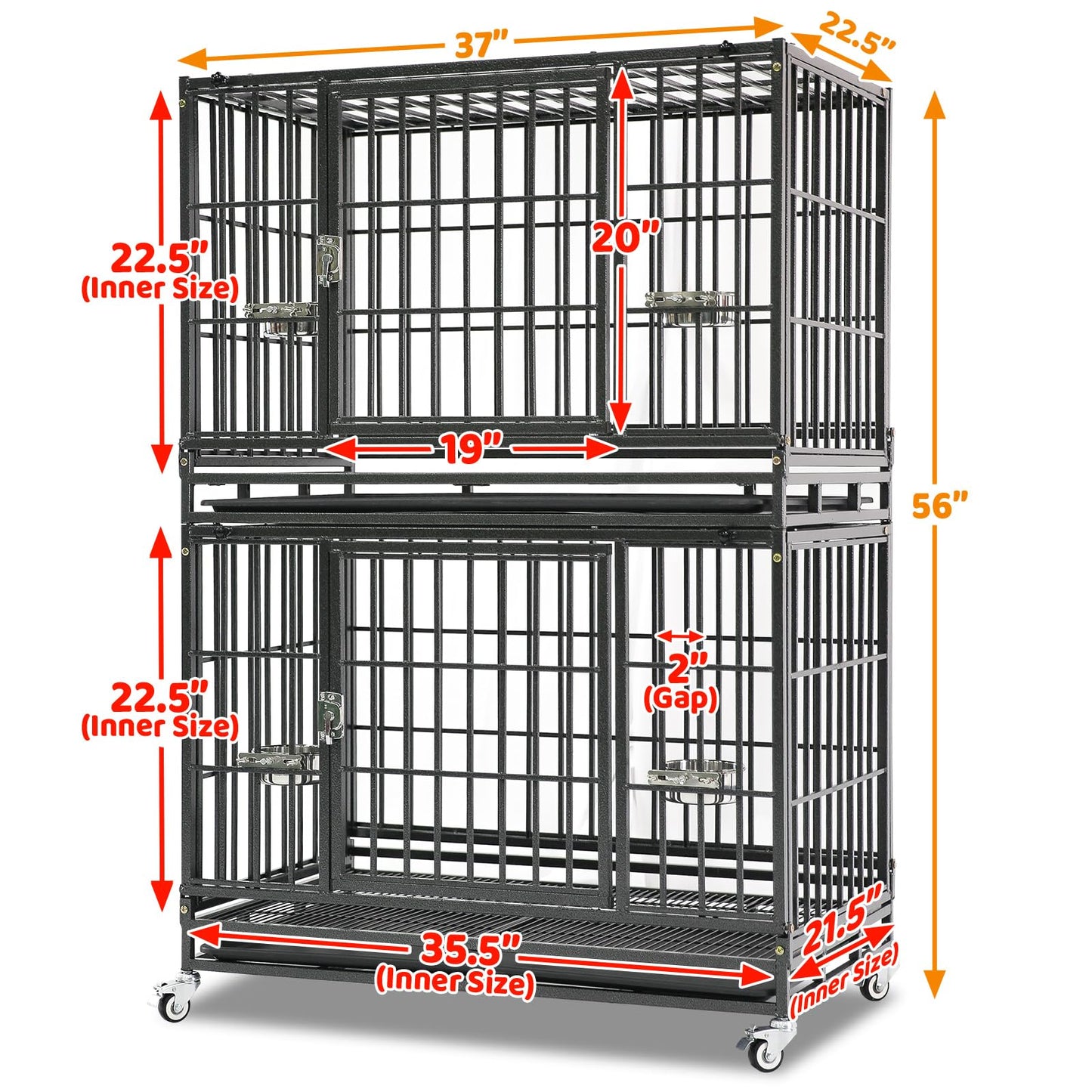 Homey Pet 37 Inch Stackable Heavy Duty Dog Crate Cage Kennel with Feeding Bowls, Lockable Wheels and Removable Tray, Escape Proof Wire Drop Dog Crates for Medium Dogs (Two Tiers)