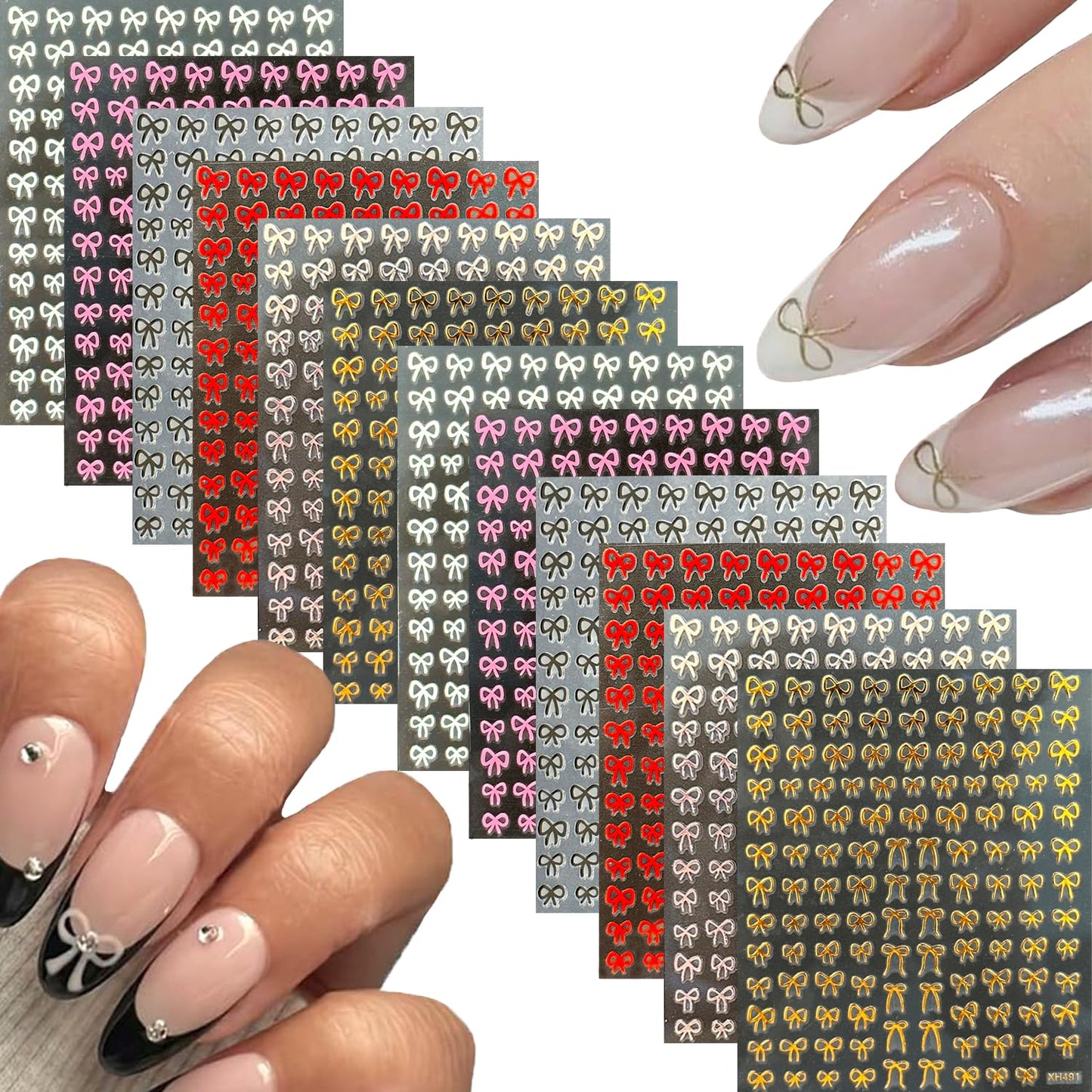 12 Sheets Self-Adhesive Bow Nail Stickers - 3D Decals for Nail Art - Black, White, Pink - DIY Manicure Decorations for Women & Girls