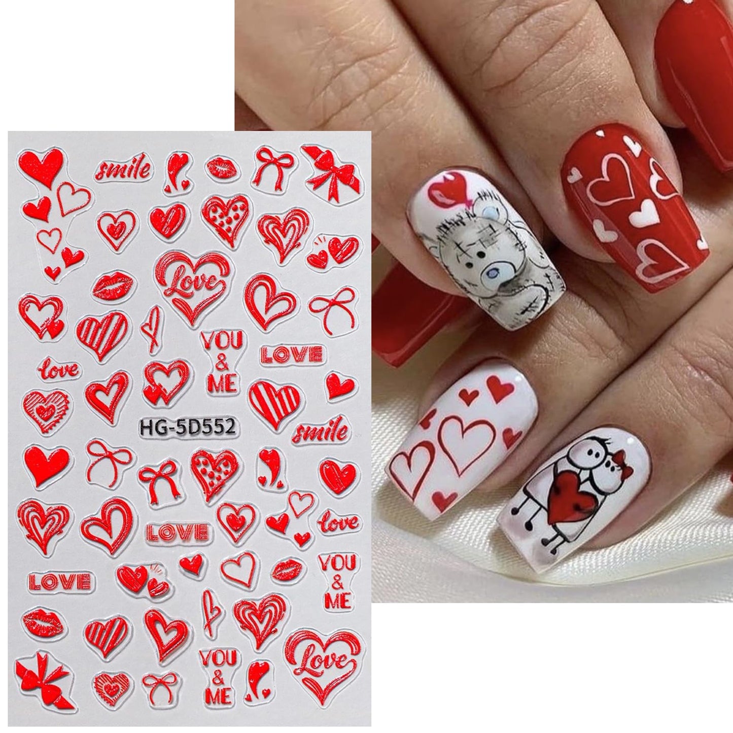 4Sheets 5D Valentine Nail Art Stickers Kit Romantic Valentines Style Red Lip Love Nail Design Decal with Adhesive Cute Hollow Heart Letter Bow Embossed Slider Decal for Wedding Perty Nail Charms Decor