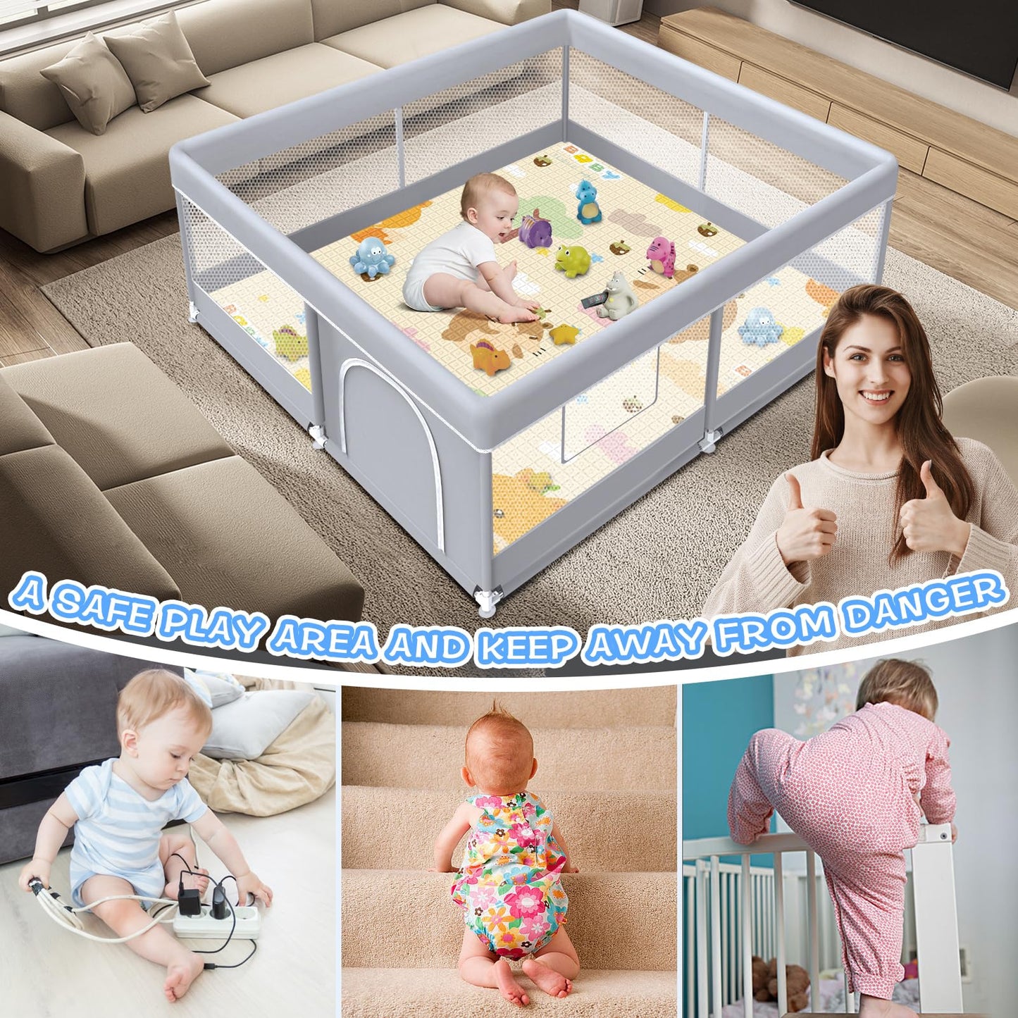 XVISHX Baby Playpen with Mat, 50x50 Inch Play Pen, Playpen for Babies and Toddlers, Baby Playard for Indoor & Outdoor Active Center Game Fence, with Skin-Friendly Fabric and Soft Breathable Mesh