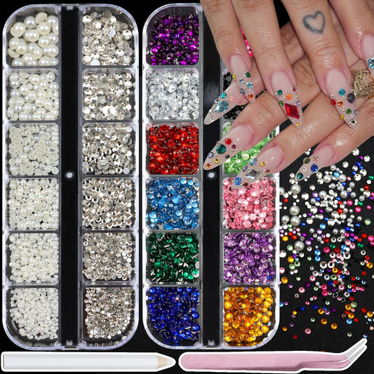 SEMATA Flatback Nail Art Rhinestones Charms Beige Nail Pearls Mixed Size Nails Gems Pink Black Red Nails Rhinestones Art Accessories Decoration Design for Women