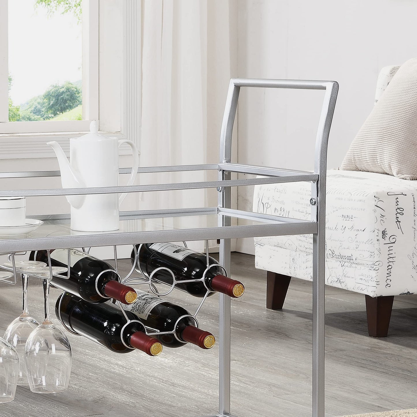 FirsTime & Co. Silver Delilah Bar Cart, 2 Tier Mobile Mini Bar, Kitchen Serving Cart and Coffee Station with Storage for Wine and Glasses, Metal and Glass, Modern
