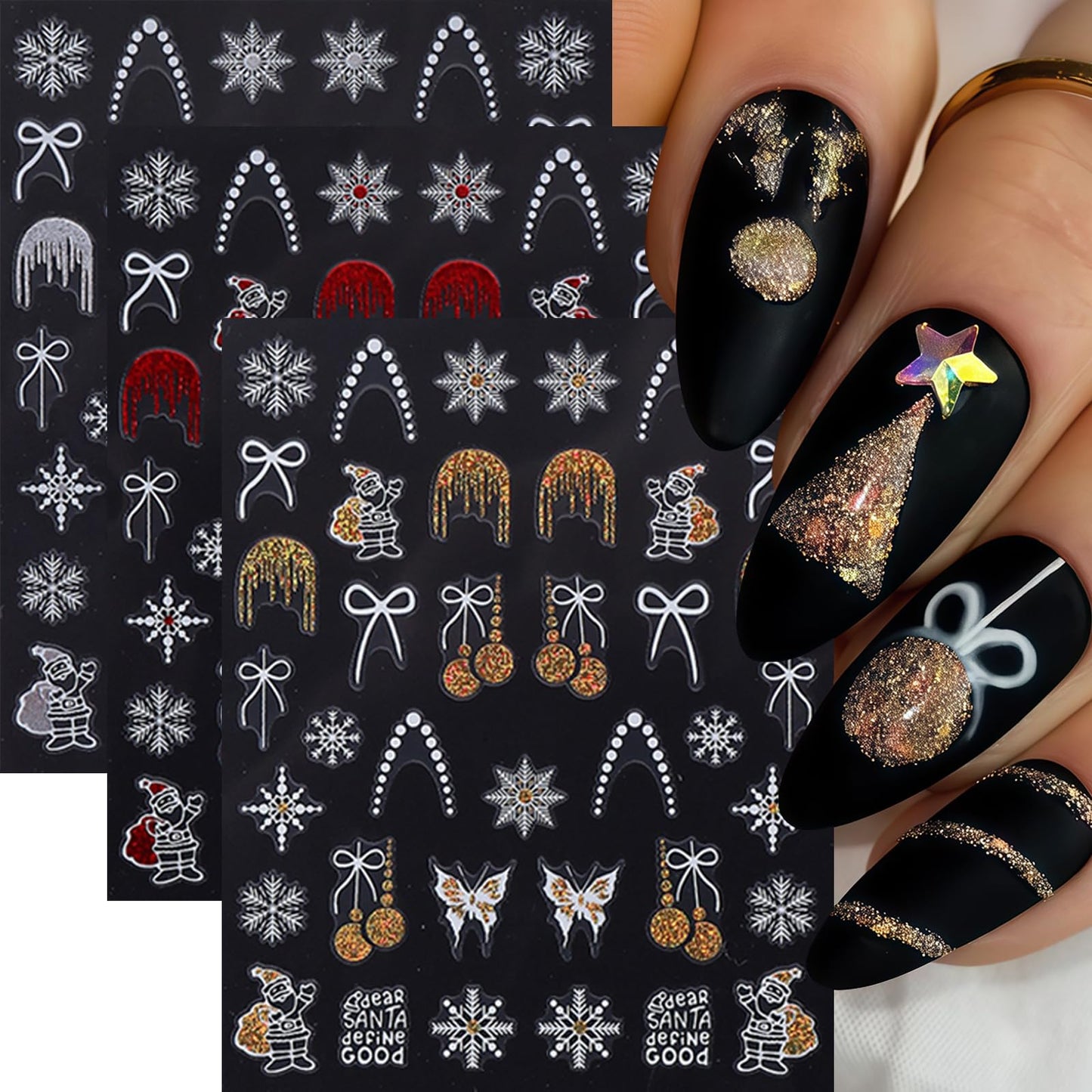 9 Sheets Glitter Christmas Nail Art Stickers Snowflake Christmas Tree Nail Decals 3D Self-Adhesive Bow Snowball Santa Claus Nail Design DIY Christmas Nail Supplies Star Elk Nail Decoration for Women