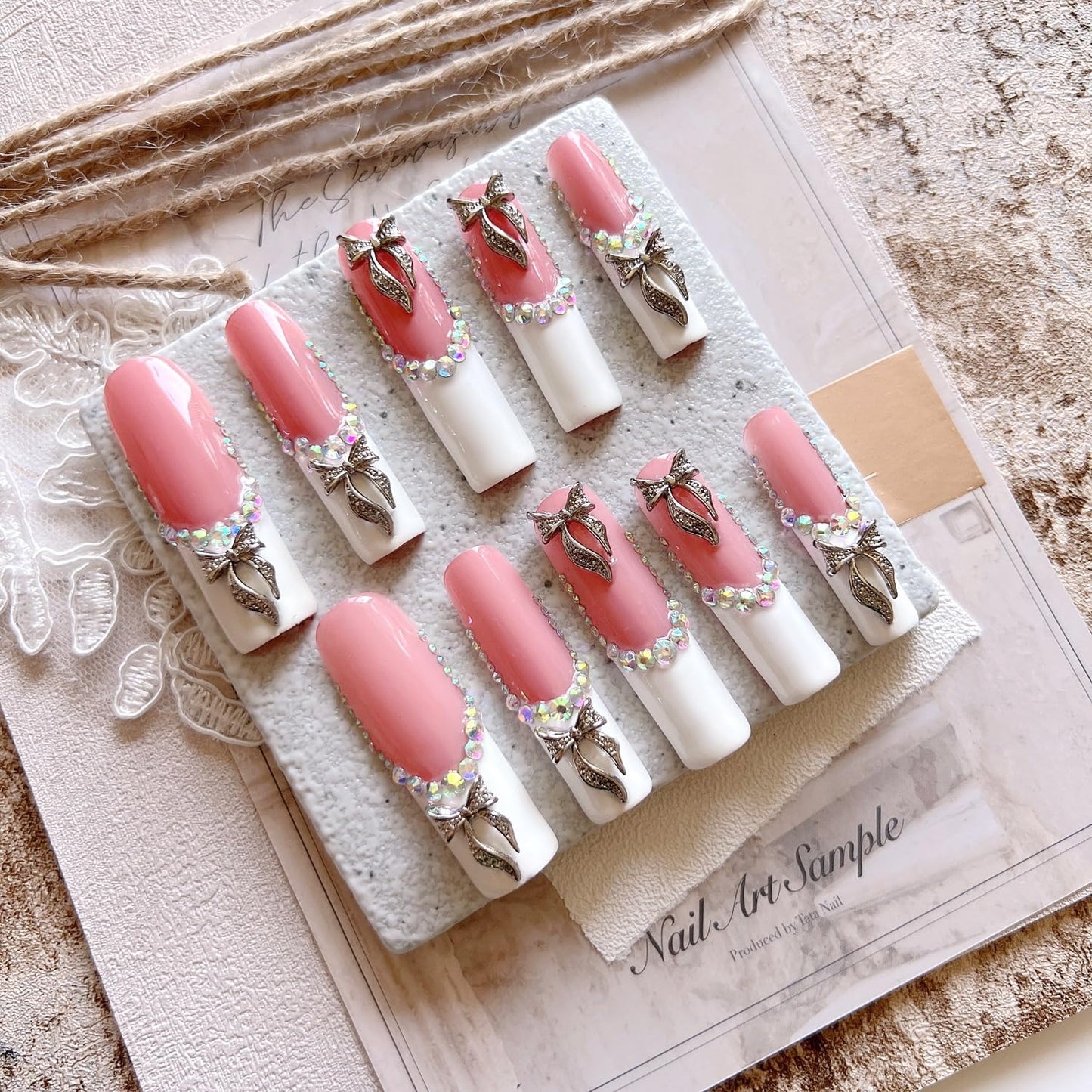NAIL ANGEL 10PCS/SET Glamorous Handmade Press on nails Glitter Rhinestone with Metal 3D Bow Charms Long Coffin Nails Party Nails XXL Long Artifical Tips ZJ-08 (Multi-Color, ZJ-08-M)