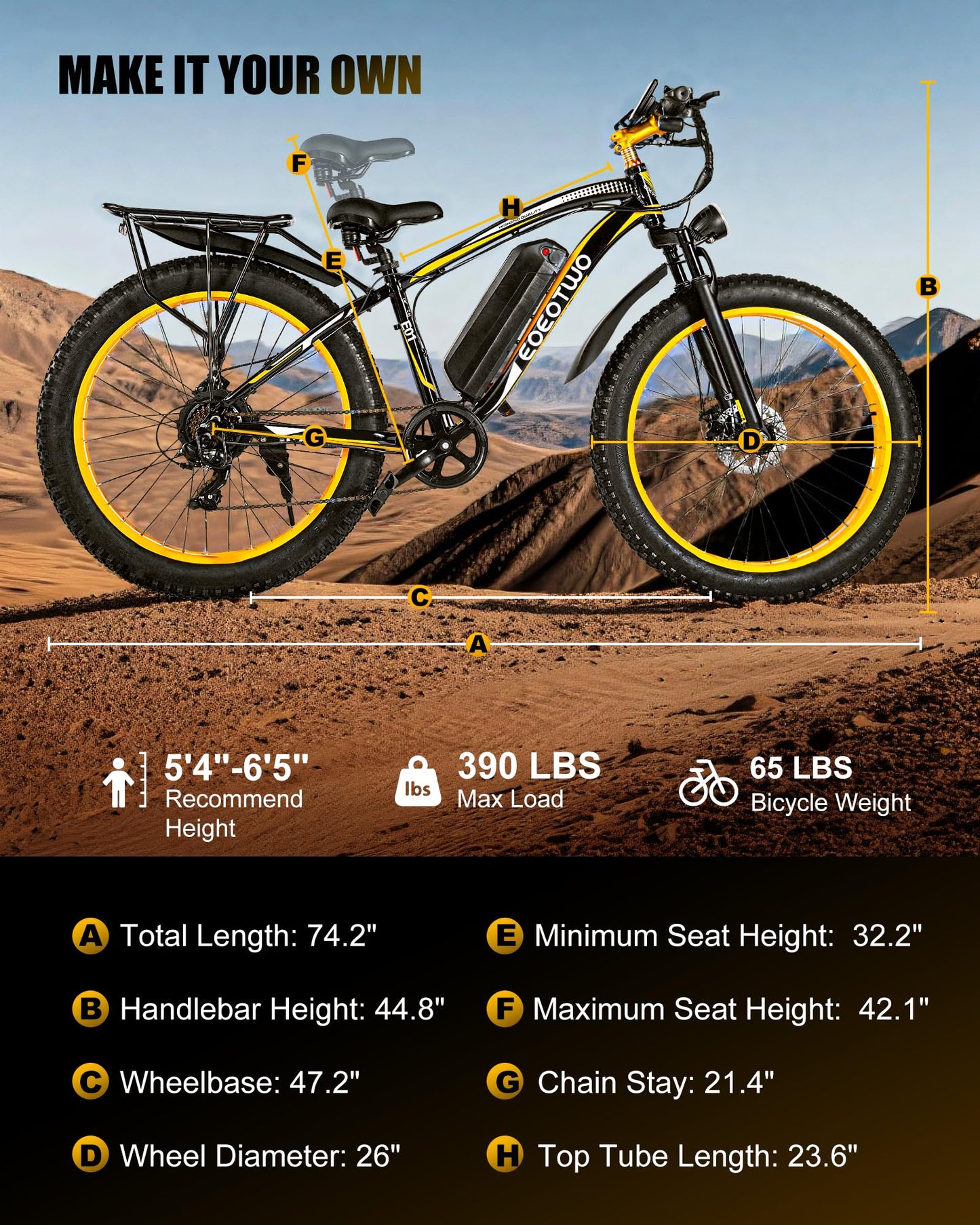 EOEOTWO Electric Bike for Adults,1500W Peak Motor E Bikes, 26" Fat Tire Electric Bicycle, 30/33 MPH 60/70 Miles All Terrain E Bikes E Bike, Removable Battery, Dual Brake, 7 Speed, Yellow ﻿ ﻿