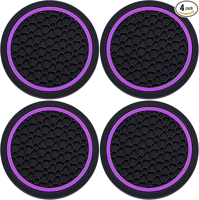 4-Piece Anti-Slip Car Cup Coaster Set â 2.75 Inch Auto Insert Drink Mats, Perfect for Coffee & Beverages â Stylish Interior Decor for Women & Girls (Black & Purple)