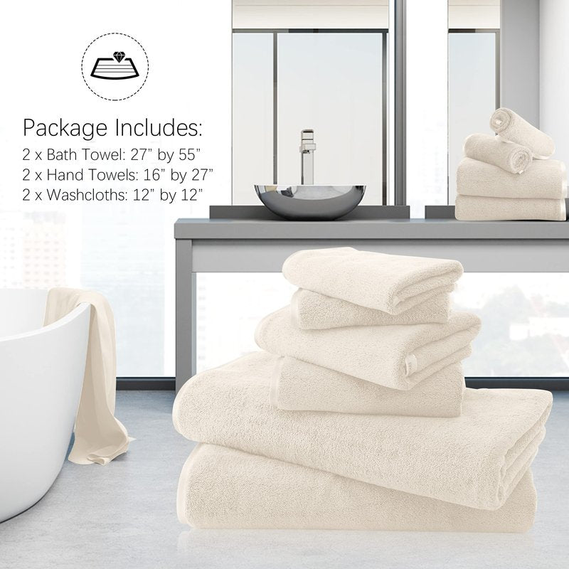 TENSTARS Luxury Silk Hemming Towel Set - Light Thin Quick Drying - 2 Bath Towels 2 Hand Towels 2 Washcloths - Ultra Soft Microfiber Towel for Bath Fitness, Sports, Yoga, Travel (Cream 6 Pieces)