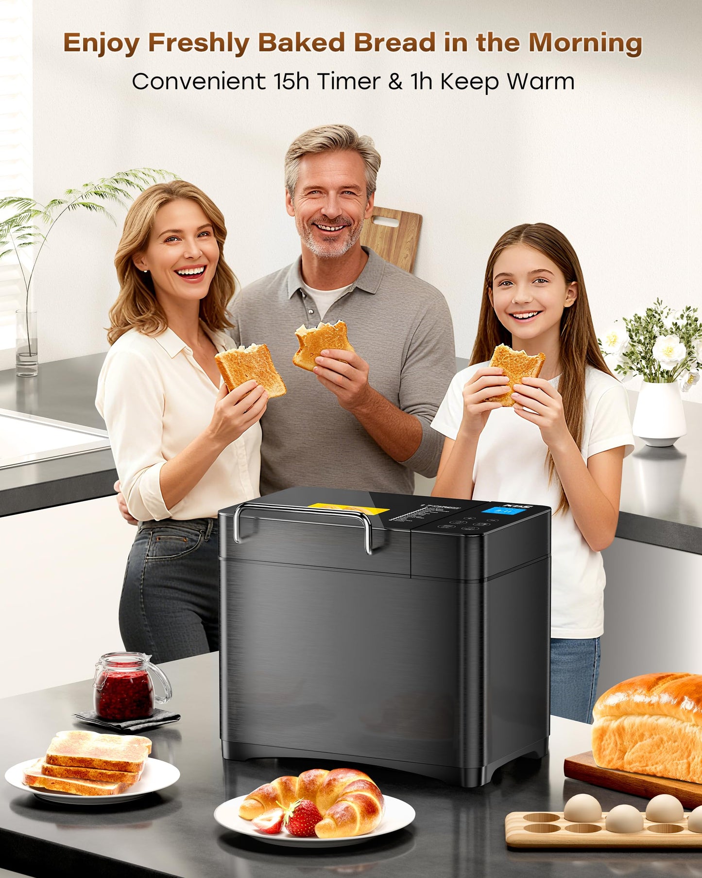 KBS Premium 2LB Convection Bread Maker Dual Heaters, 710W Stainless Steel 17-in-1 Bread Machine Healthy Ceramic Pan, Nut Dispenser,Touch Panel, 3 Loaf Sizes 3 Crust Colors, 15H Timer,Low Noise,Recipes