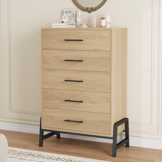 GarveeHome 5 Dresser for Bedroom, 50.5 in Tall Drawer with Large Storage Space, Freestanding Wooden Closet Storage Dresser Chest for Living Room, Bedroom, Entryway, Natural Oak
