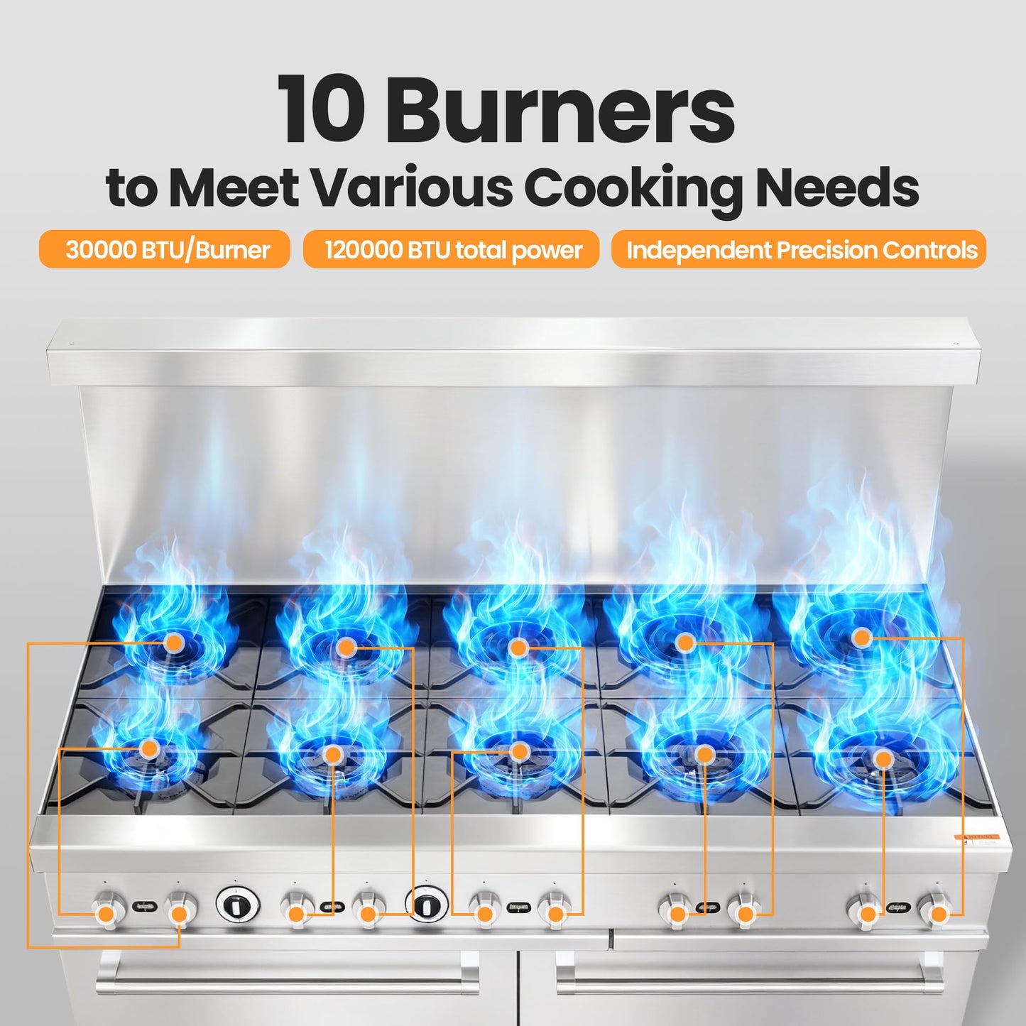 Commercial 60" Gas Range with Oven, 10 Open Burners and Under Full Size Oven 300000 BTU & 33000 Static Oven,NG/LPG Conversion kit, Manual Gas Valve,Freestanding Gas Range for Restaurants