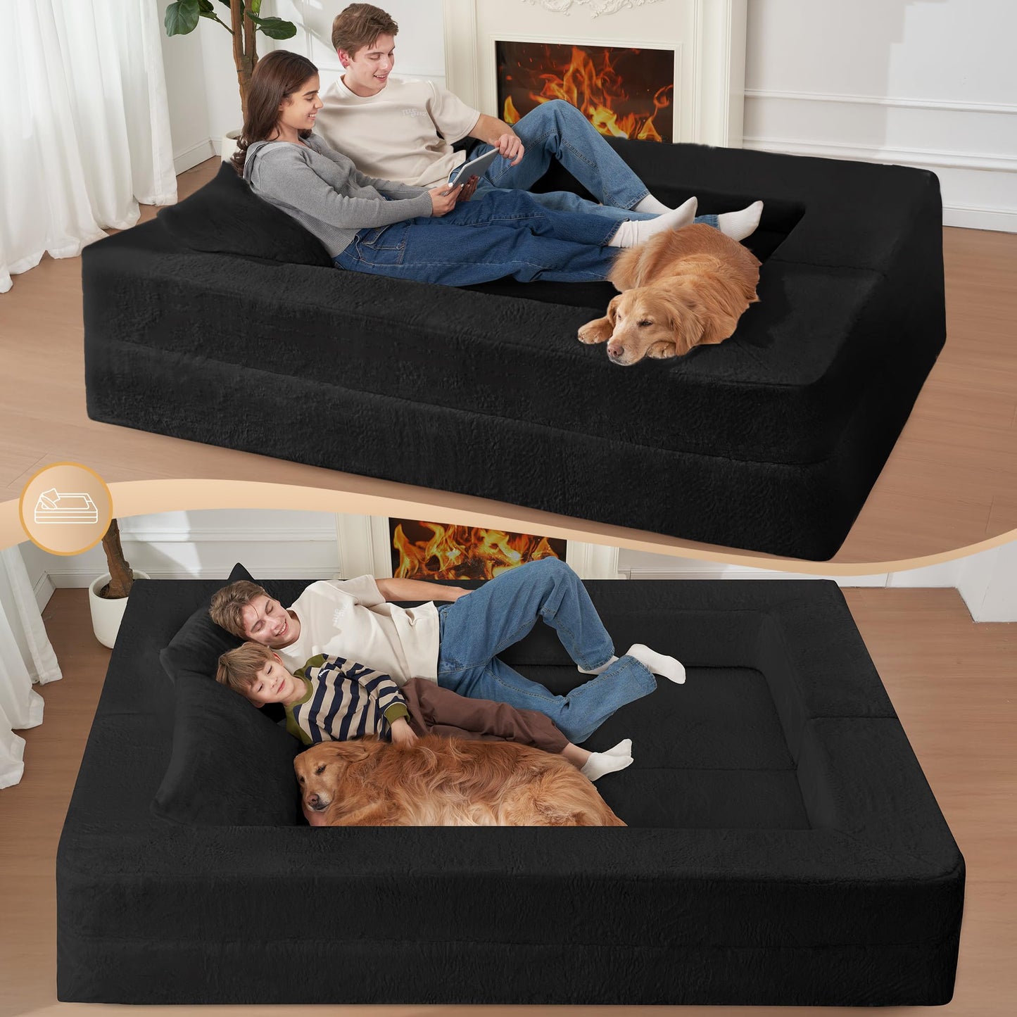 Cansunna Futon Sofa Bed with Pillow, 3-in-1 Sleeper Sofa Bed with Removable Cover, Convertible Floor Sofa Bed, No Assembly Boneless Couch for Living Room, Bedroom