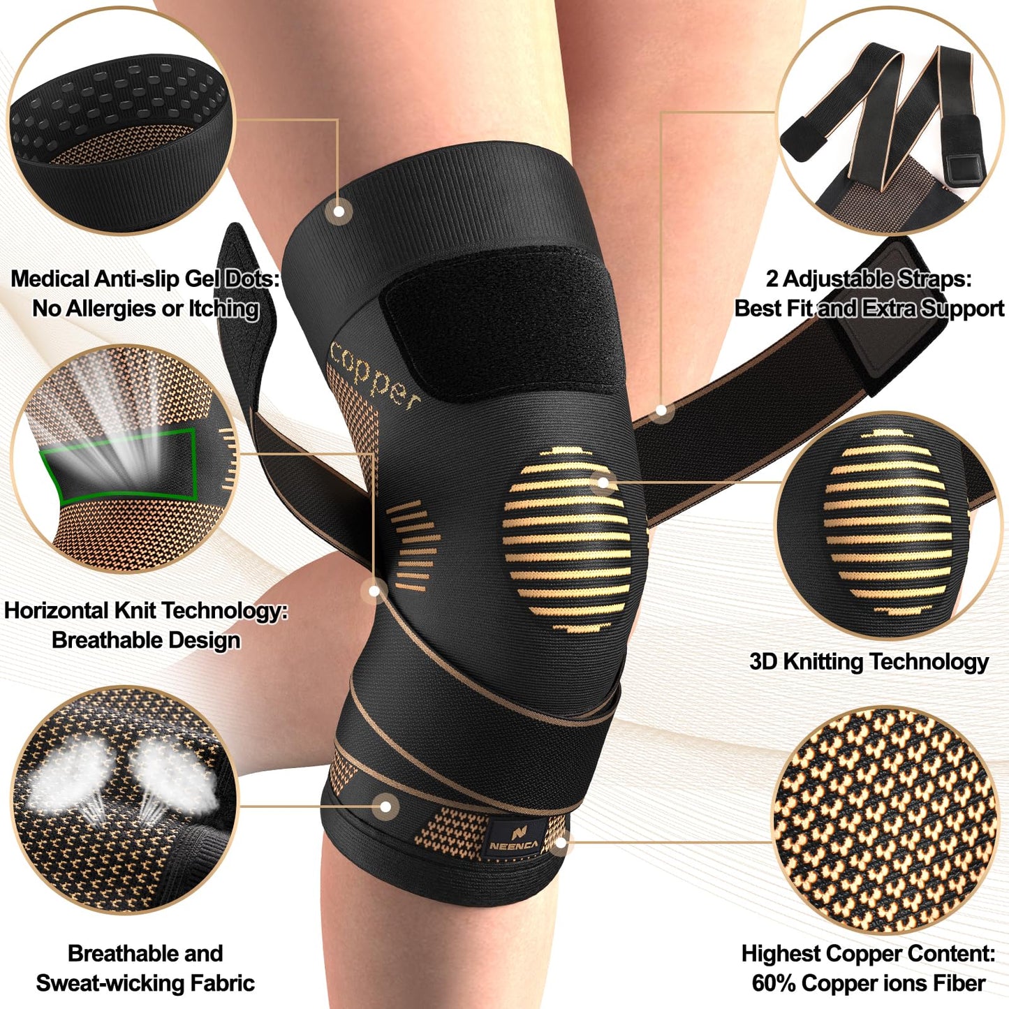 NEENCA Copper Knee Brace with Straps for Women/Men, Knee Compression Sleeve for Knee Pain, Arthritis, ACL, Meniscus Tear, Joint Pain Relief. Knee Support for Running, Workout, Weightlifting - Single