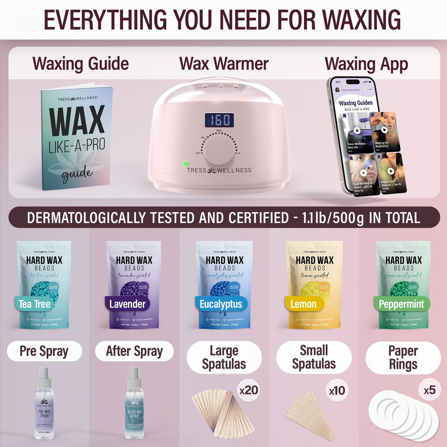 Tress Wellness Waxing Kit for Sensitive Skin – Safe for Face & Skin, Prep & Aftercare Spray, Easy to Use – At-Home Kit for Face, Bikini, Brazilian & Full Body - Digital Display, Pink