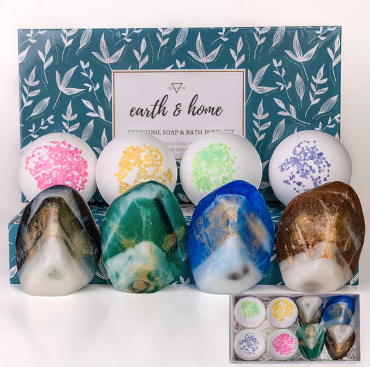 Gemstone Soap & Bath Bomb Set- Relaxing Spa Gift for women- Mothers day gift set- 4 Decorative scented Rock Soap with Crystals and 4 Fizzy Bath Bomb- with Natural Ingredients & Essential Oil