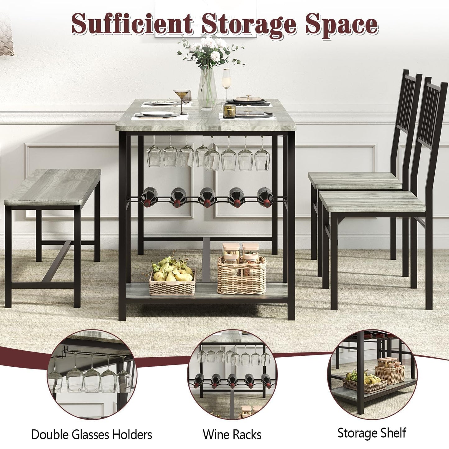 4 EVER WINNER Dining Table Set for 4, 55" Kitchen Table Set with Storage Shelf, Wine Rack & Wine Glasses Holder, Breakfast Table Set for 4 with Chairs and Bench for Dining Room, Kitchen, Wash Grey