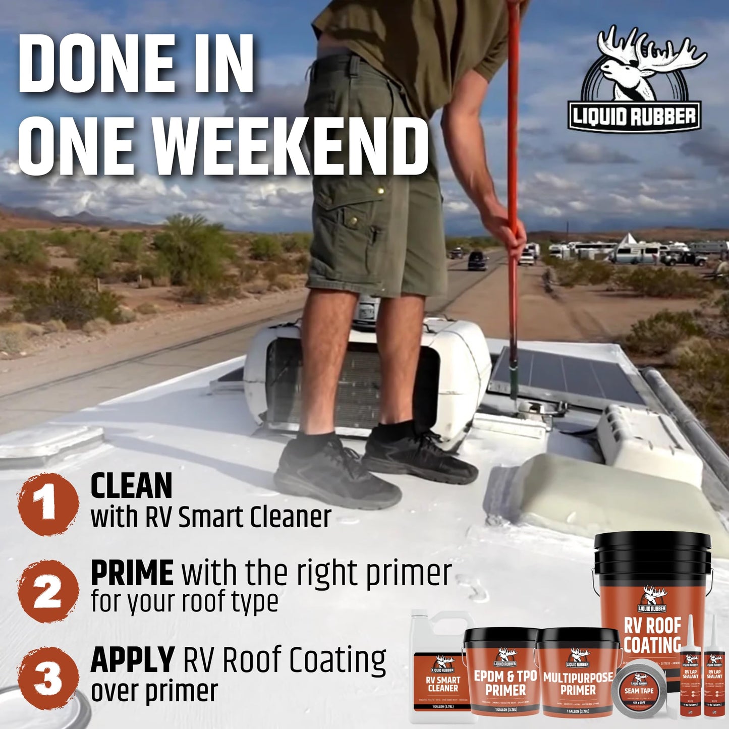 Liquid Rubber RV Roof Coating 40 Ft Leak Repair Kit – Solar Reflective, Waterproof & Weatherproof Protection – Complete System with Sealer, EPDM Primer, Cleaner, Seam Tape & Lap Sealant